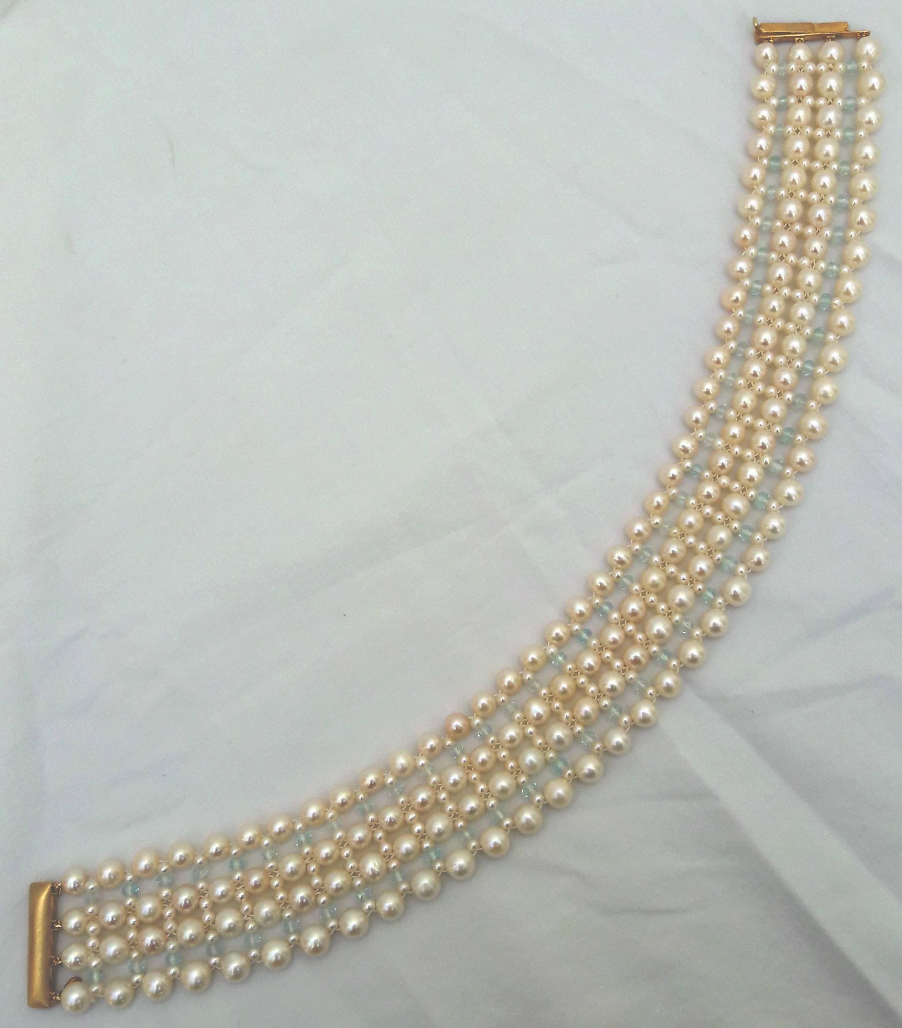Women's Marina J Woven Large/Small Pearl, Aquamarine, Choker Necklace