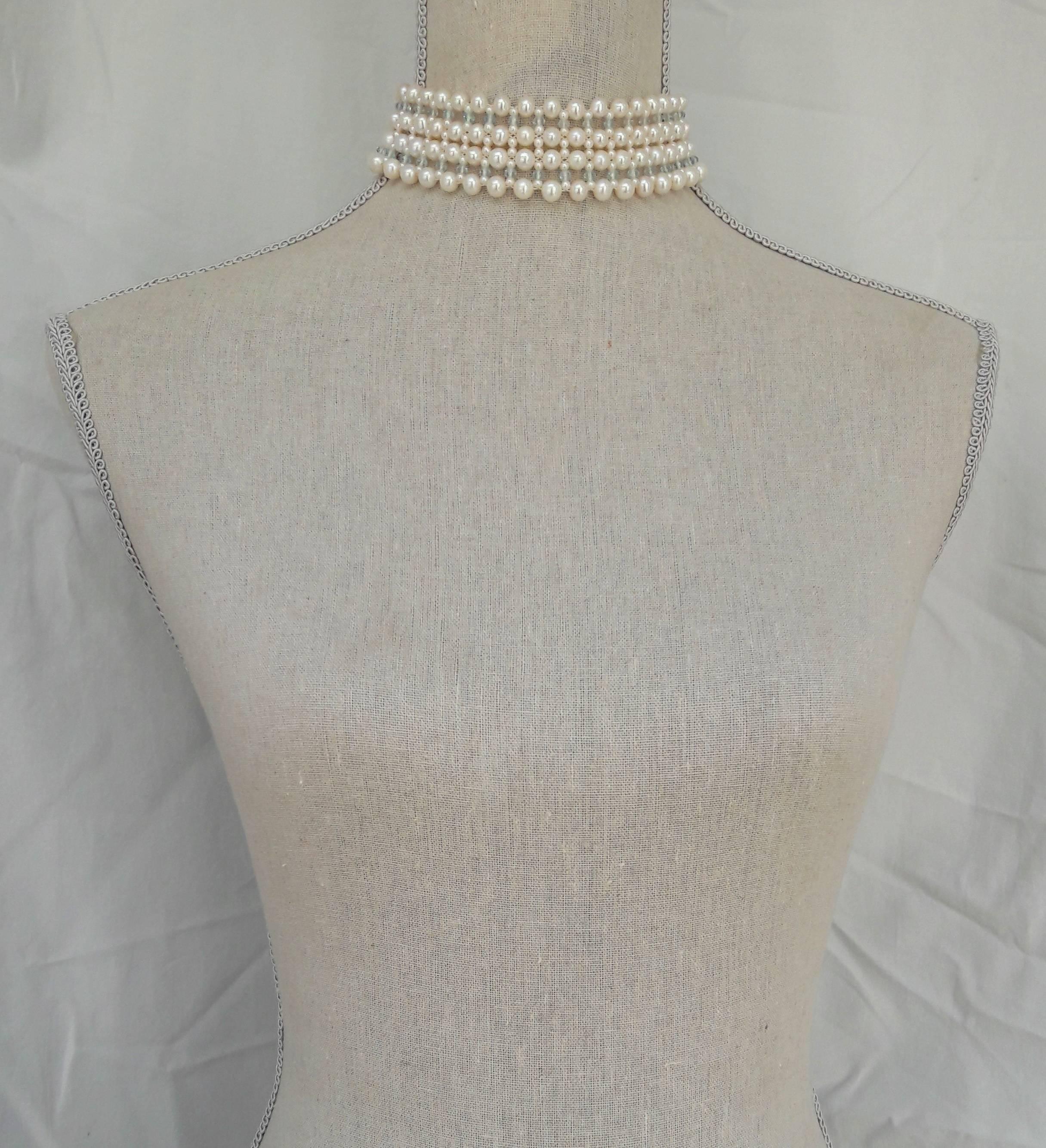 Artist Marina J Woven Large/Small Pearl, Aquamarine, Choker Necklace