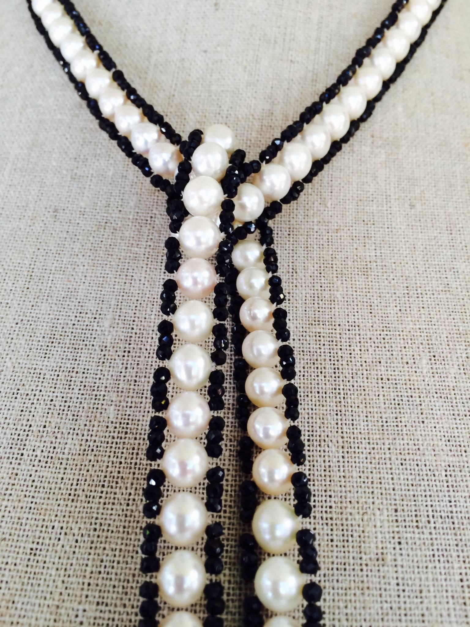 Woven White Pearl, Faceted Black Spinel, and Onyx Beaded Sautoir by Marina J  3
