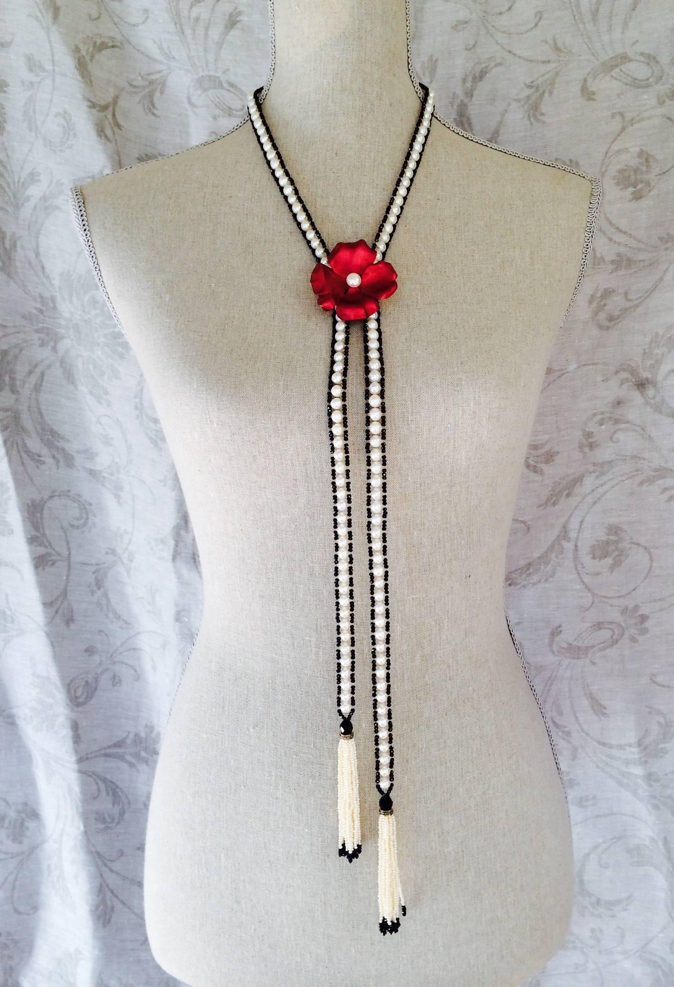Woven White Pearl, Faceted Black Spinel, and Onyx Beaded Sautoir by Marina J  In New Condition In Los Angeles, CA
