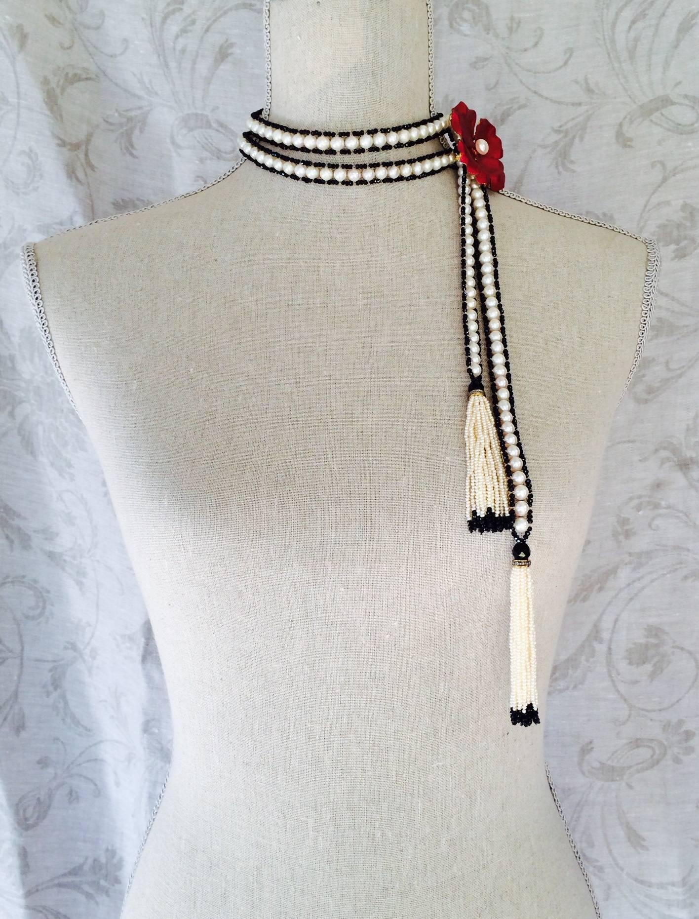 Women's Woven White Pearl, Faceted Black Spinel, and Onyx Beaded Sautoir by Marina J 