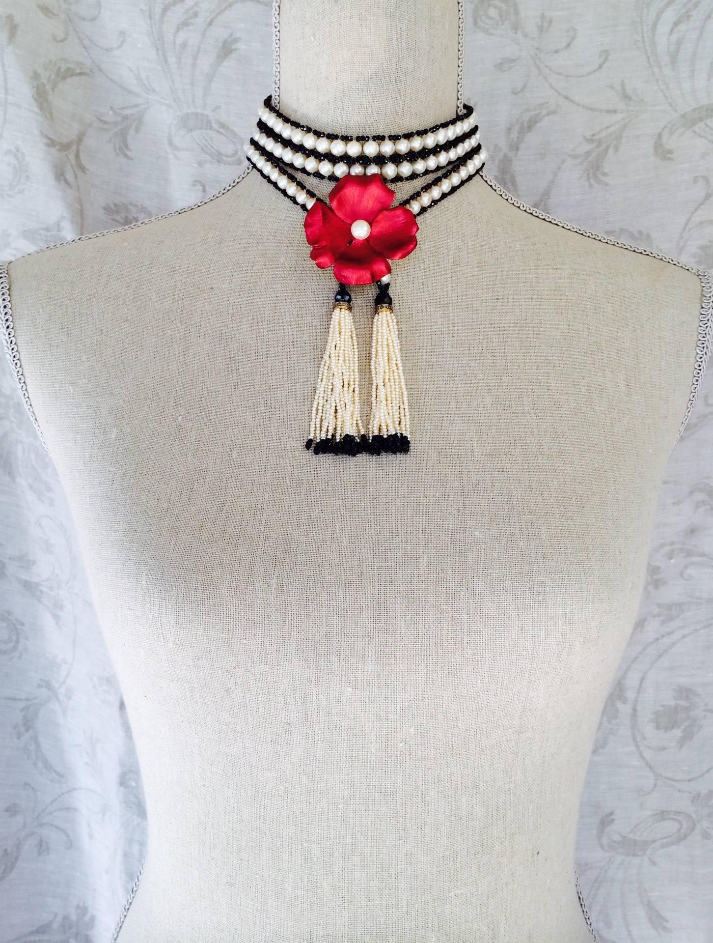 Woven White Pearl, Faceted Black Spinel, and Onyx Beaded Sautoir by Marina J  1