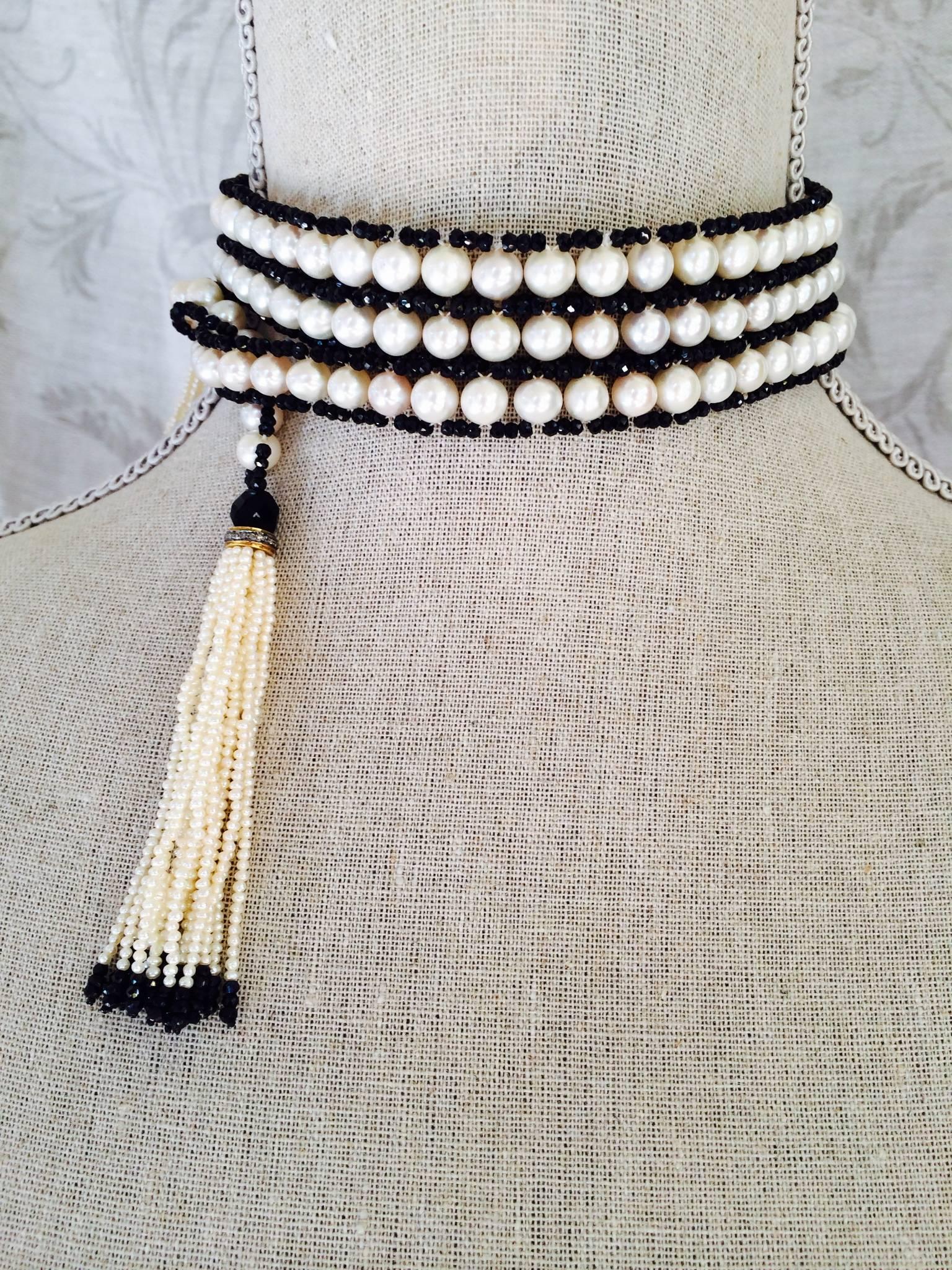 Woven White Pearl, Faceted Black Spinel, and Onyx Beaded Sautoir by Marina J  2