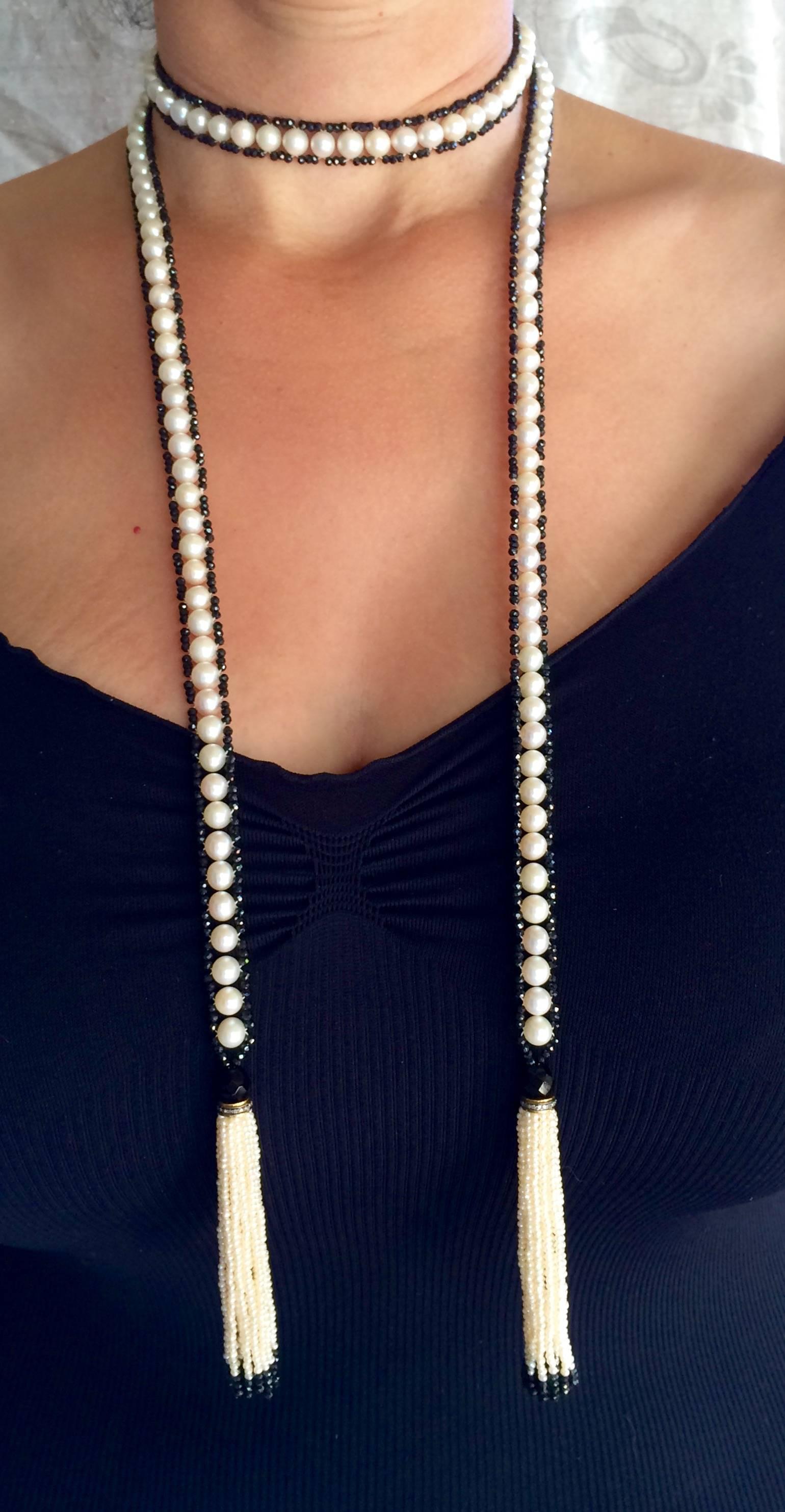 Woven White Pearl, Faceted Black Spinel, and Onyx Beaded Sautoir by Marina J  4