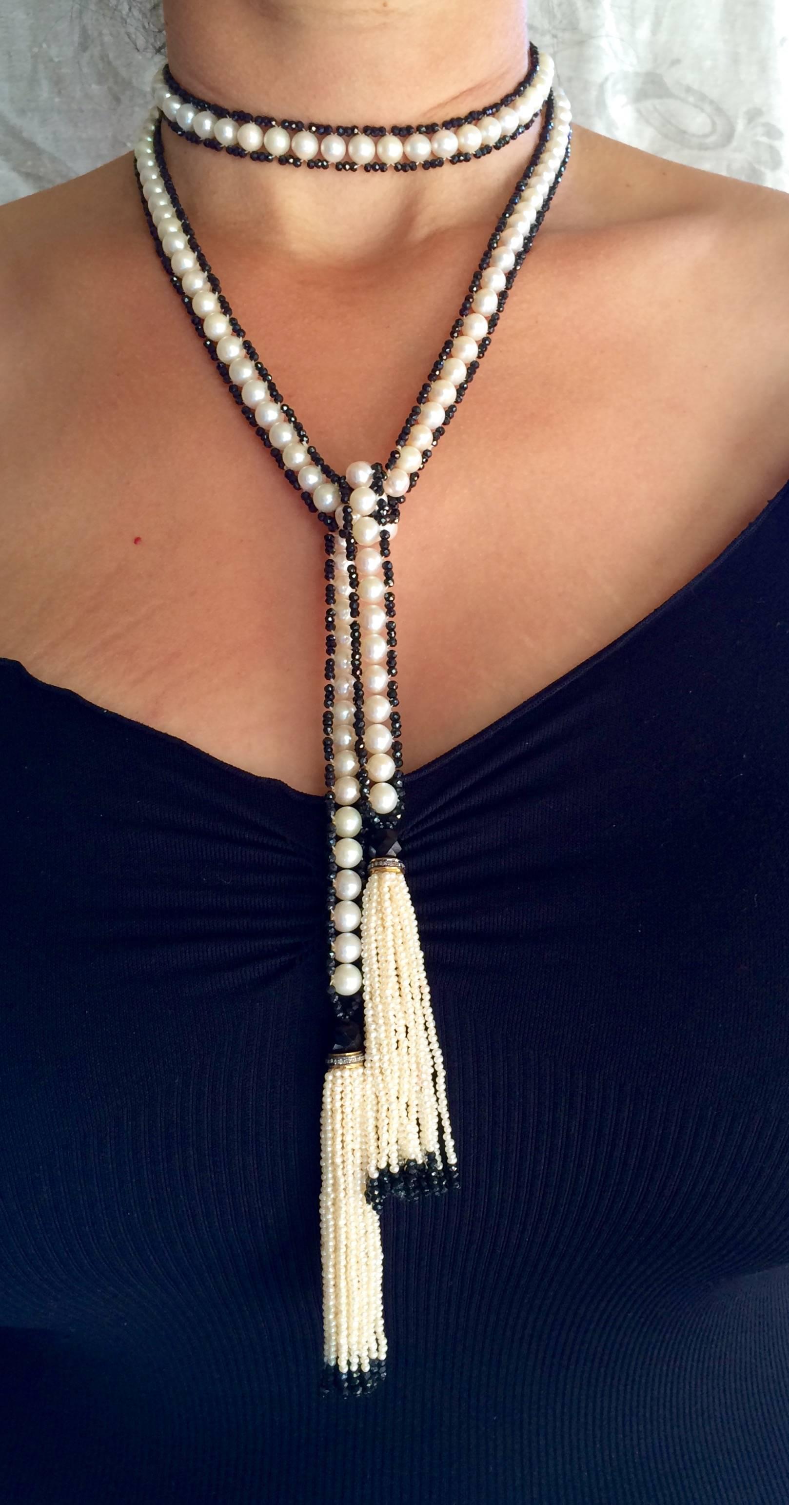Woven White Pearl, Faceted Black Spinel, and Onyx Beaded Sautoir by Marina J  5