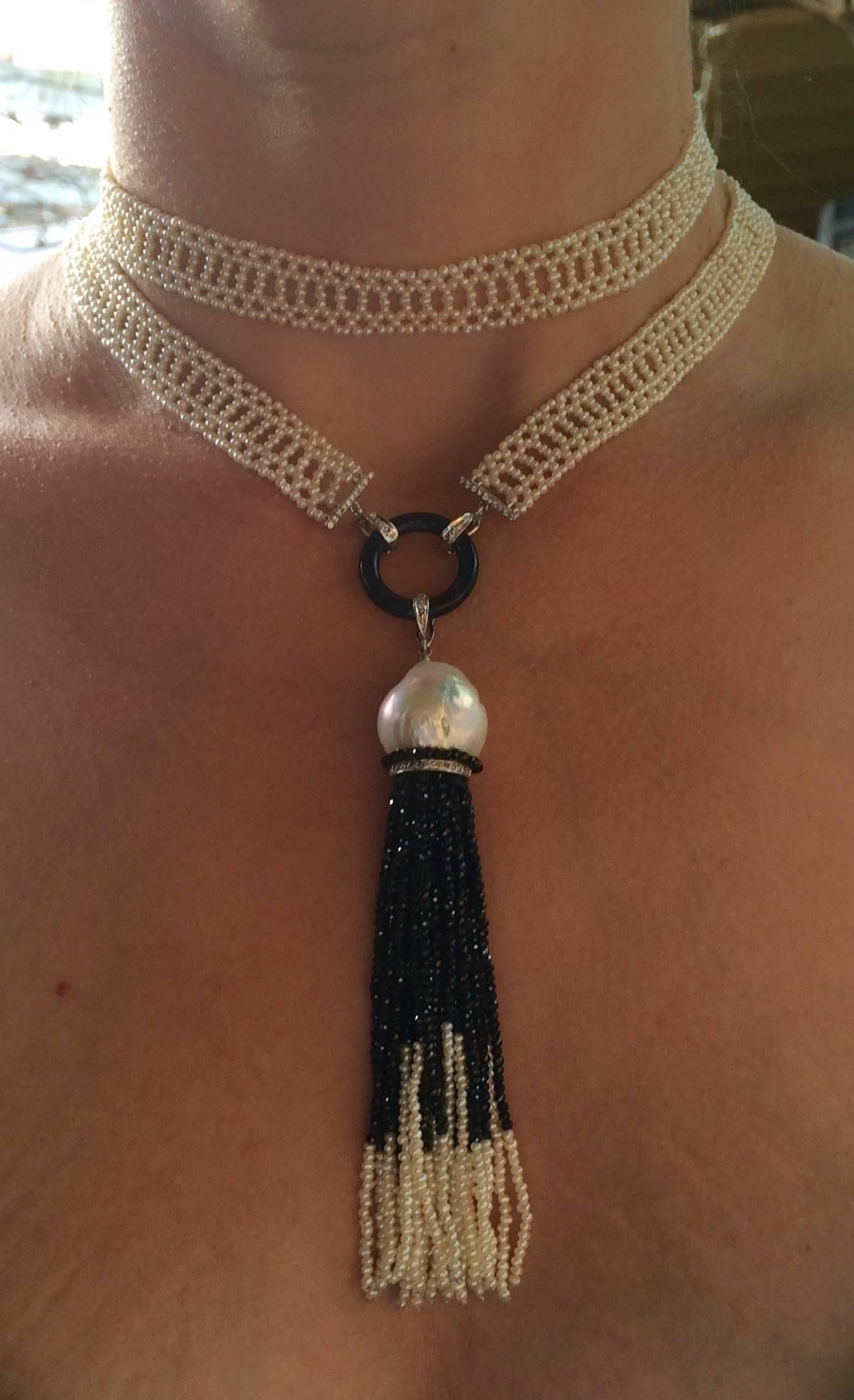 Women's Marina J Seed Pearl Onyx Spinel Diamond Gold Sautoir Tassel Necklace