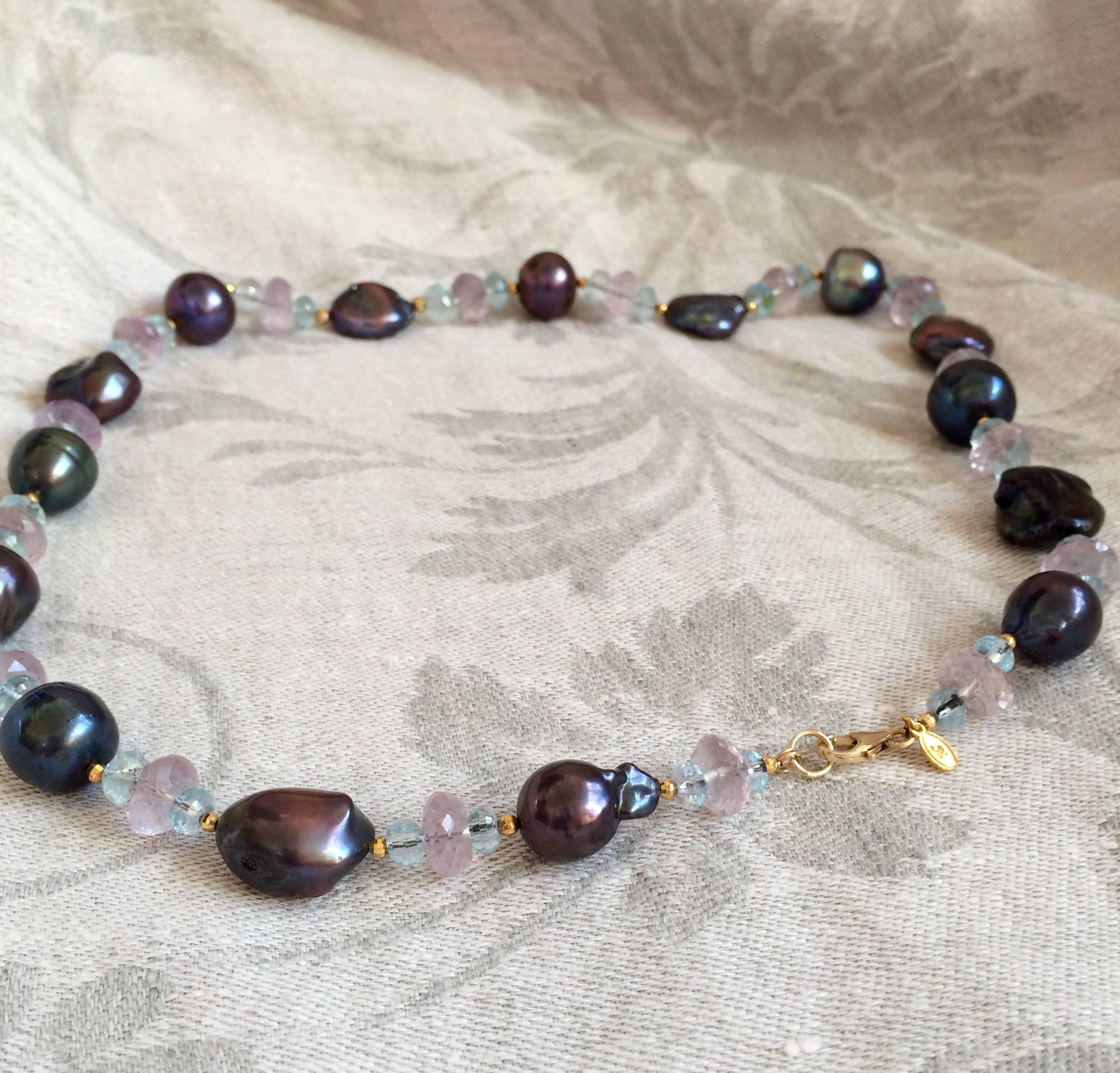 Baroque Revival Black pearl , aquamarine, amethist and gold necklace