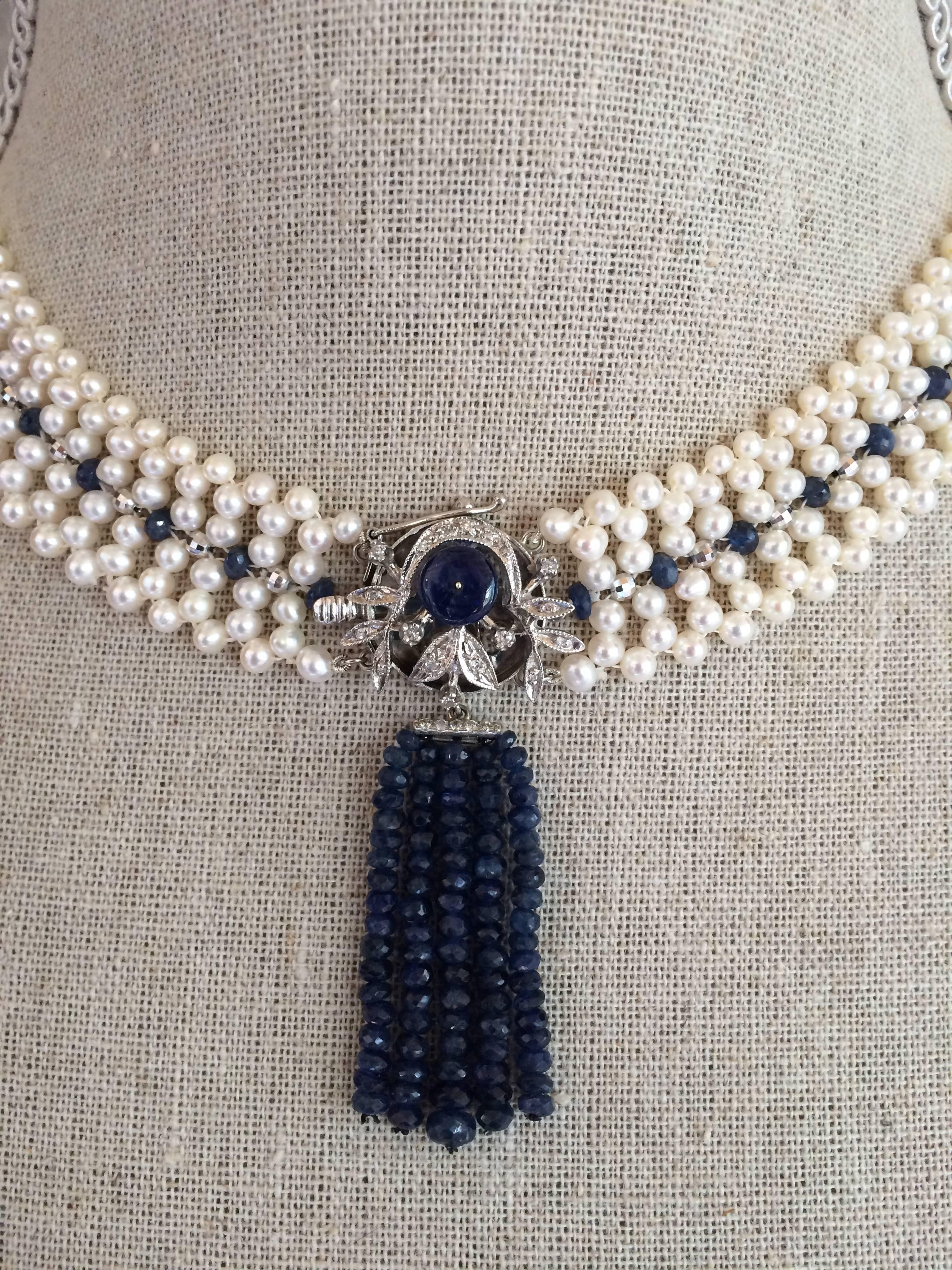 Contemporary Pearl Sapphire Diamond Woven Necklace