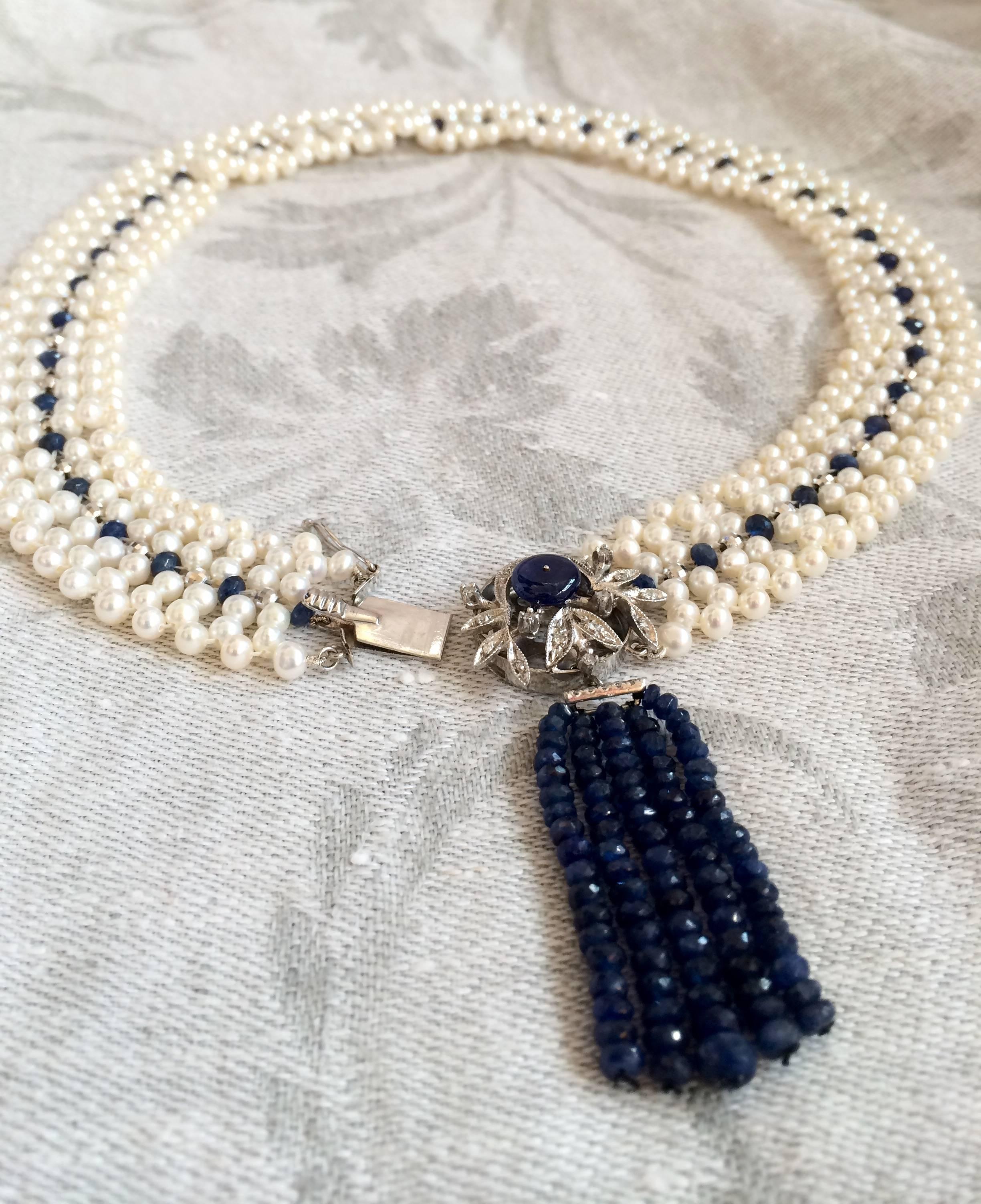 Pearl Sapphire Diamond Woven Necklace In New Condition In Los Angeles, CA