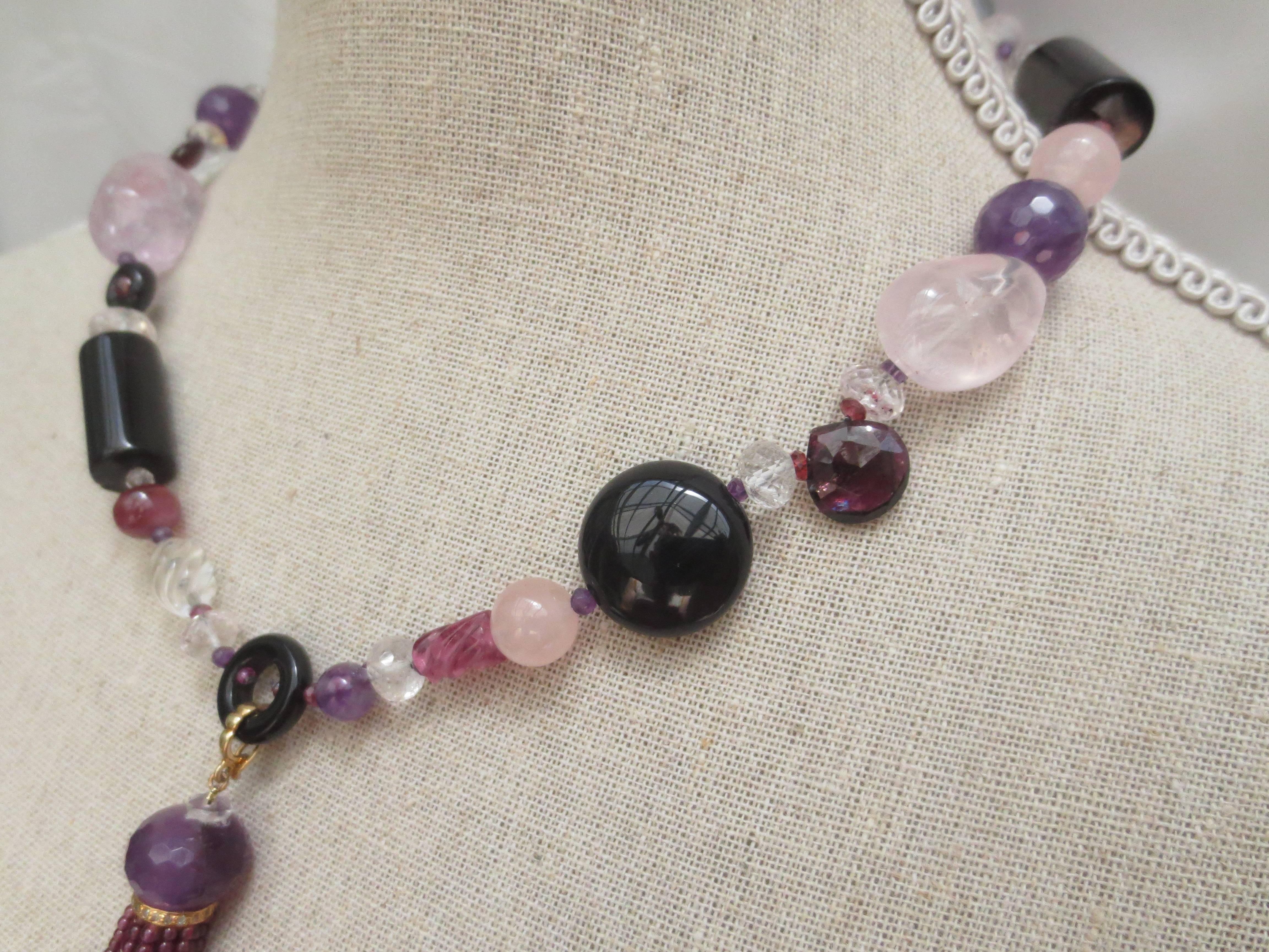 Multi-Gemstone Lariat Necklace with Tassel  In New Condition In Los Angeles, CA