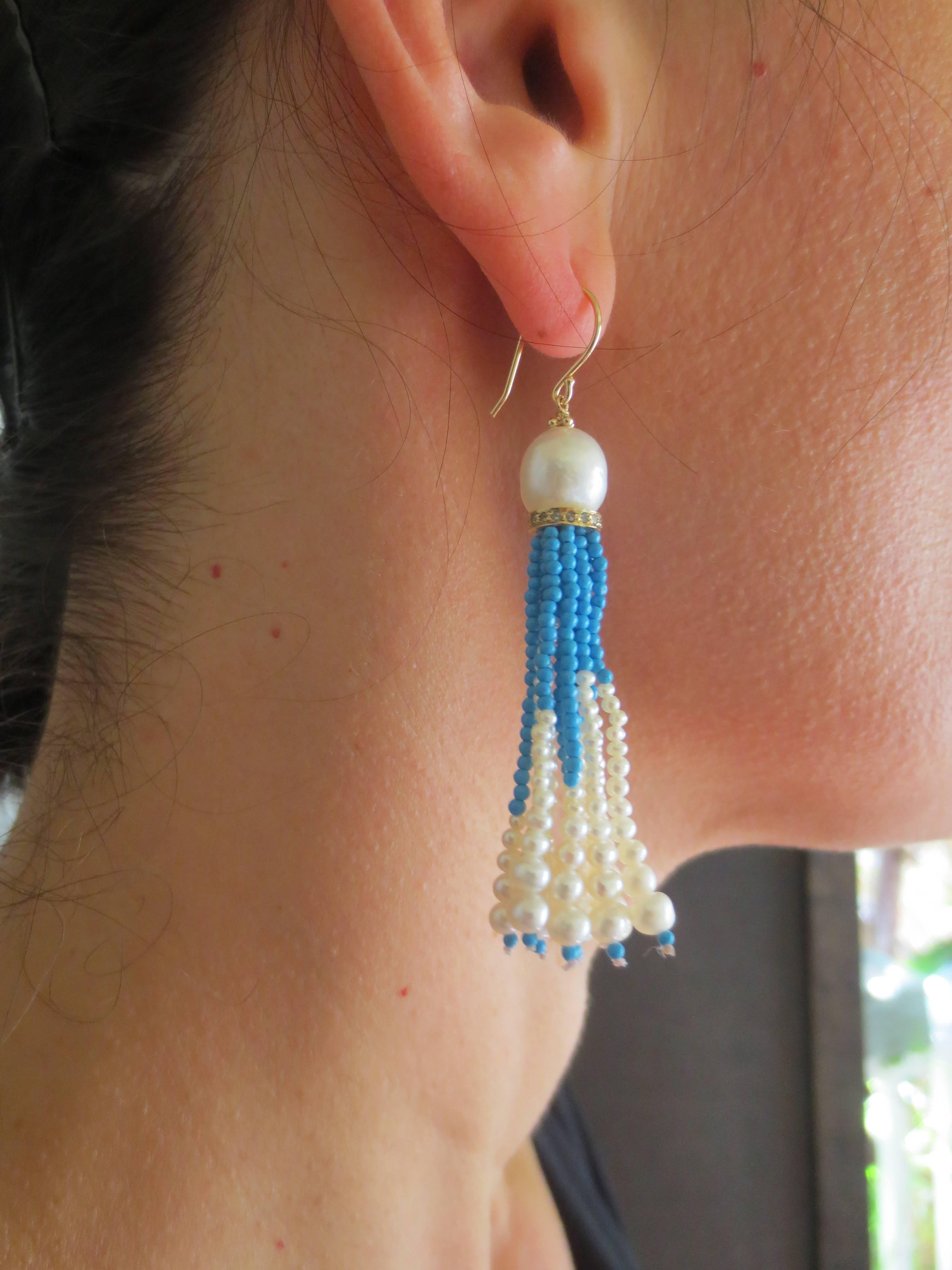 White Pearl and Turquoise Tassel Earrings with Diamond Encrusted Roundels  3