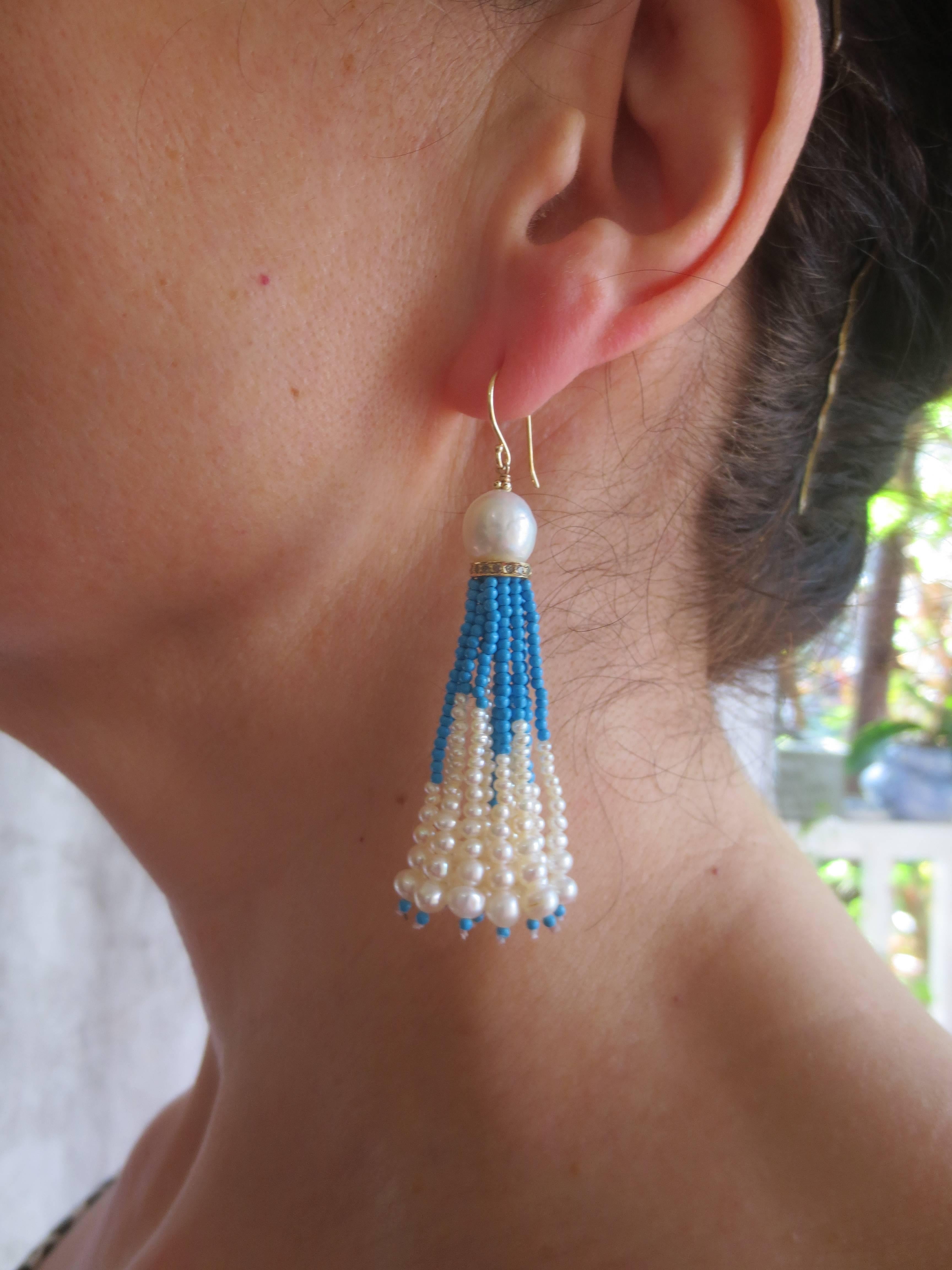 White Pearl and Turquoise Tassel Earrings with Diamond Encrusted Roundels  2