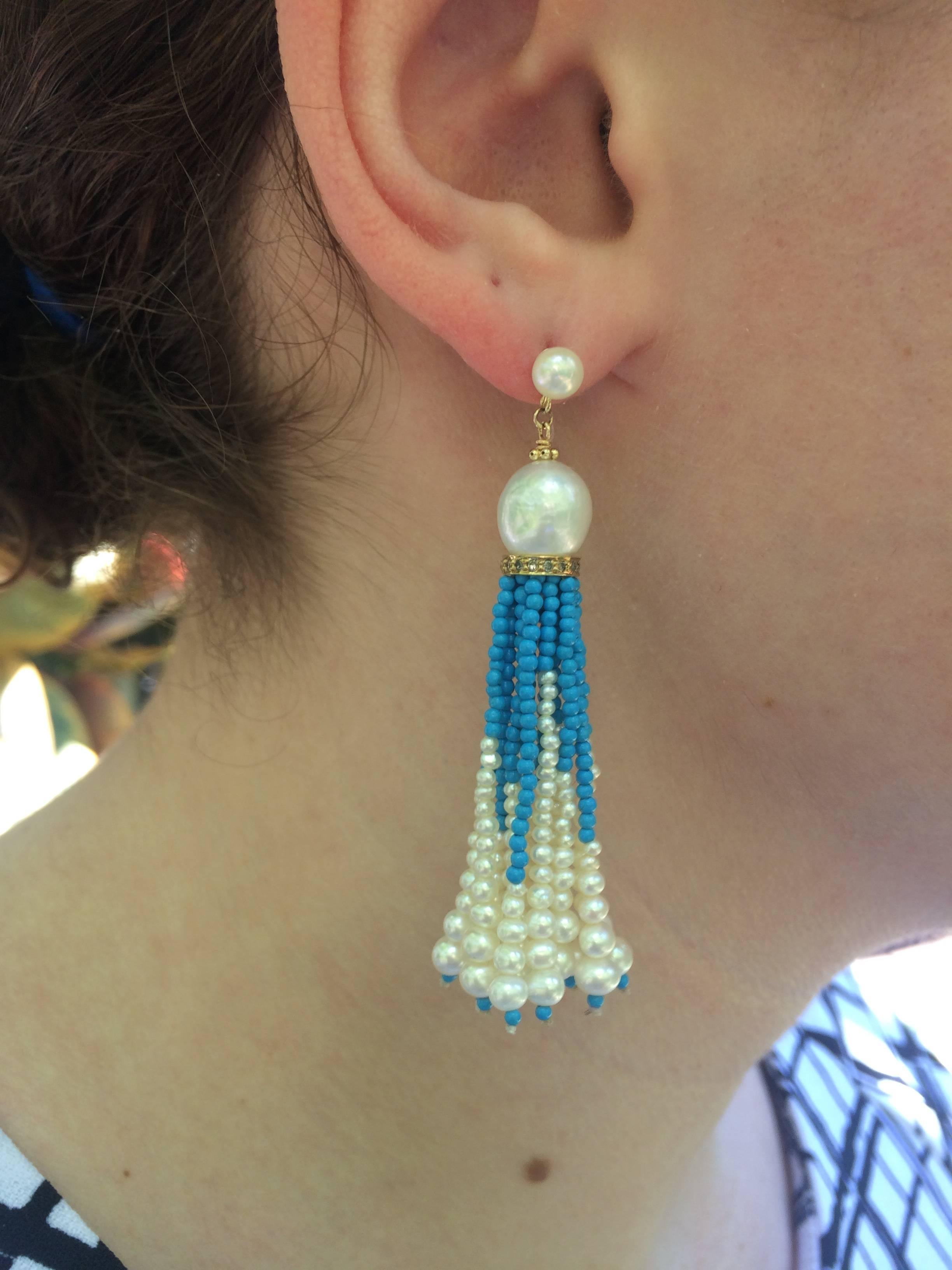 White Pearl and Turquoise Tassel Earrings with Diamond Encrusted Roundels  4