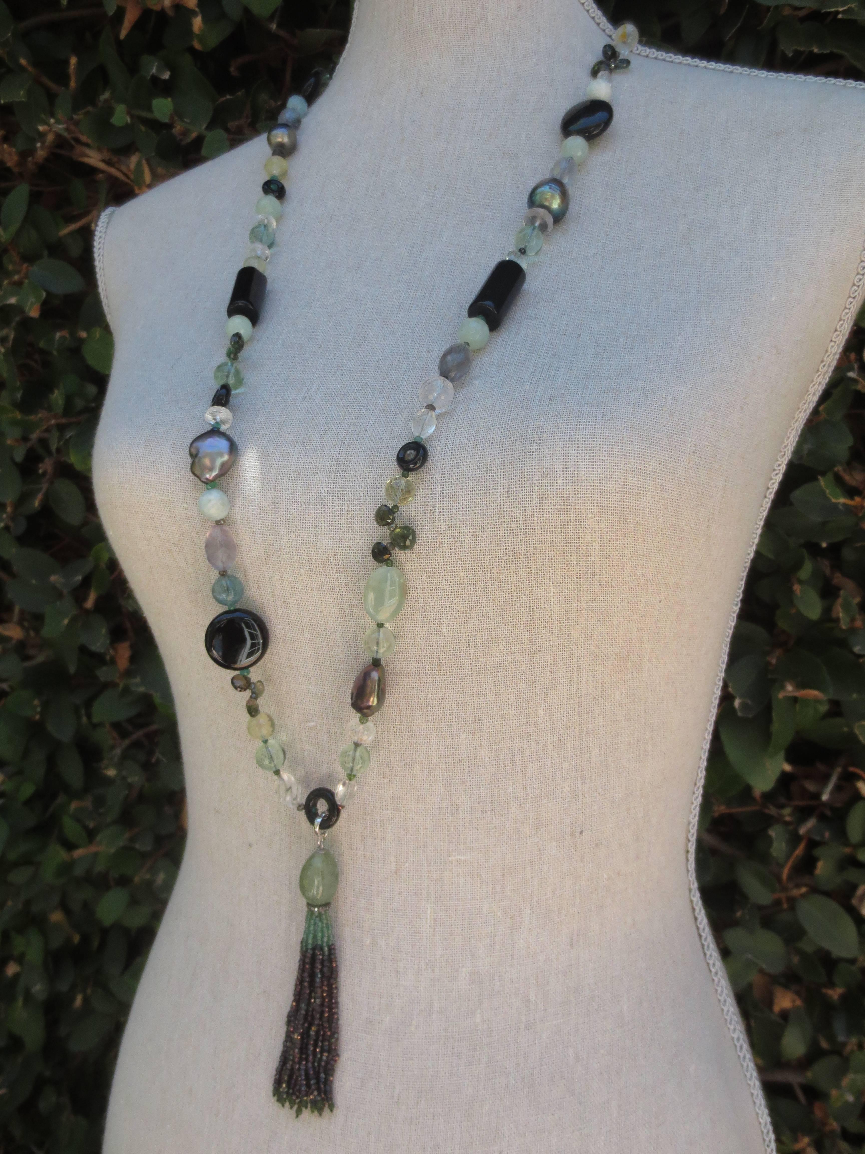 Women's Multi-Gemstone Lariat Necklace with Tassel