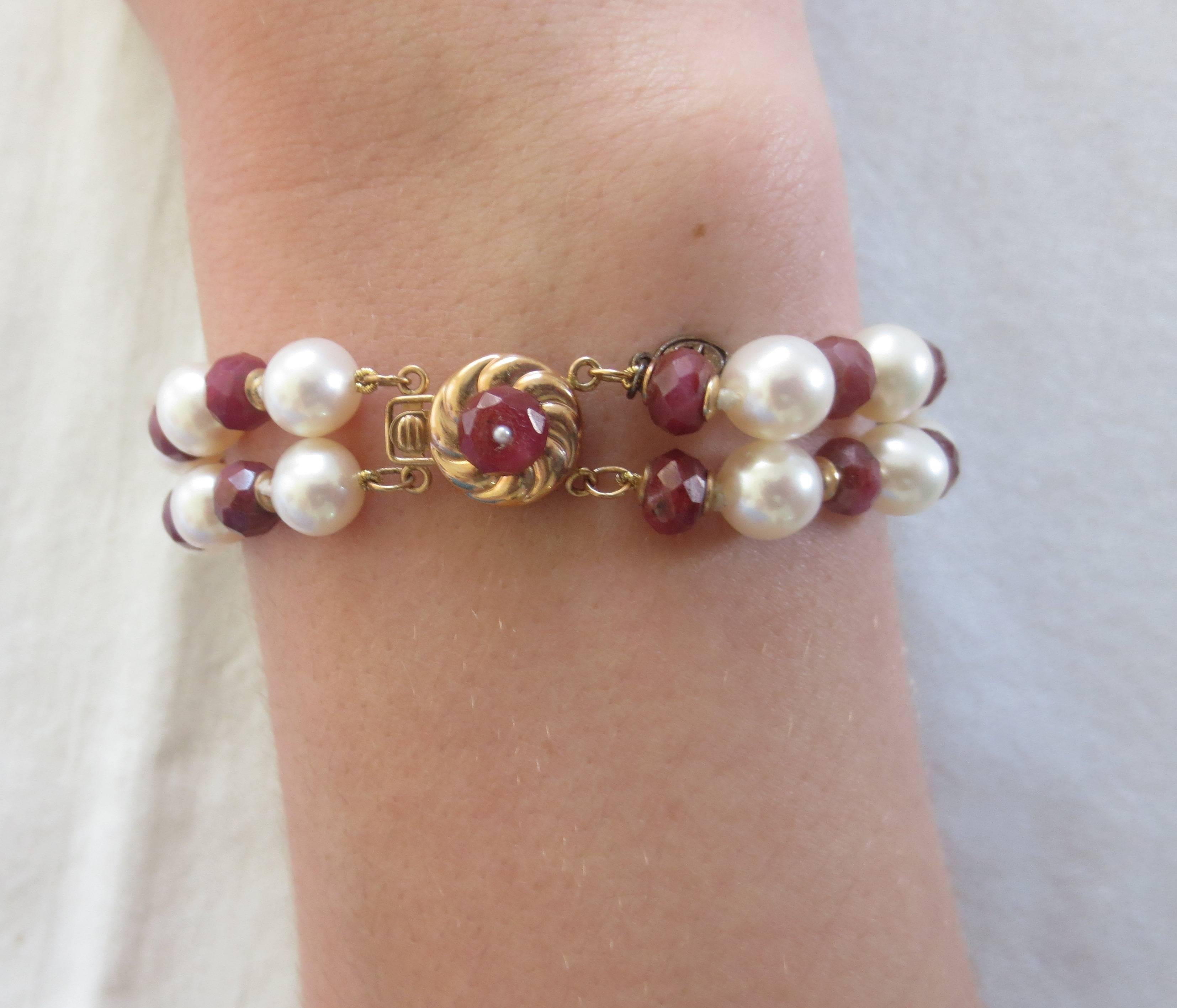 Artist Marina J. White Pearl and Faceted Ruby Beaded Bracelet & 14K Yellow Gold Clasp