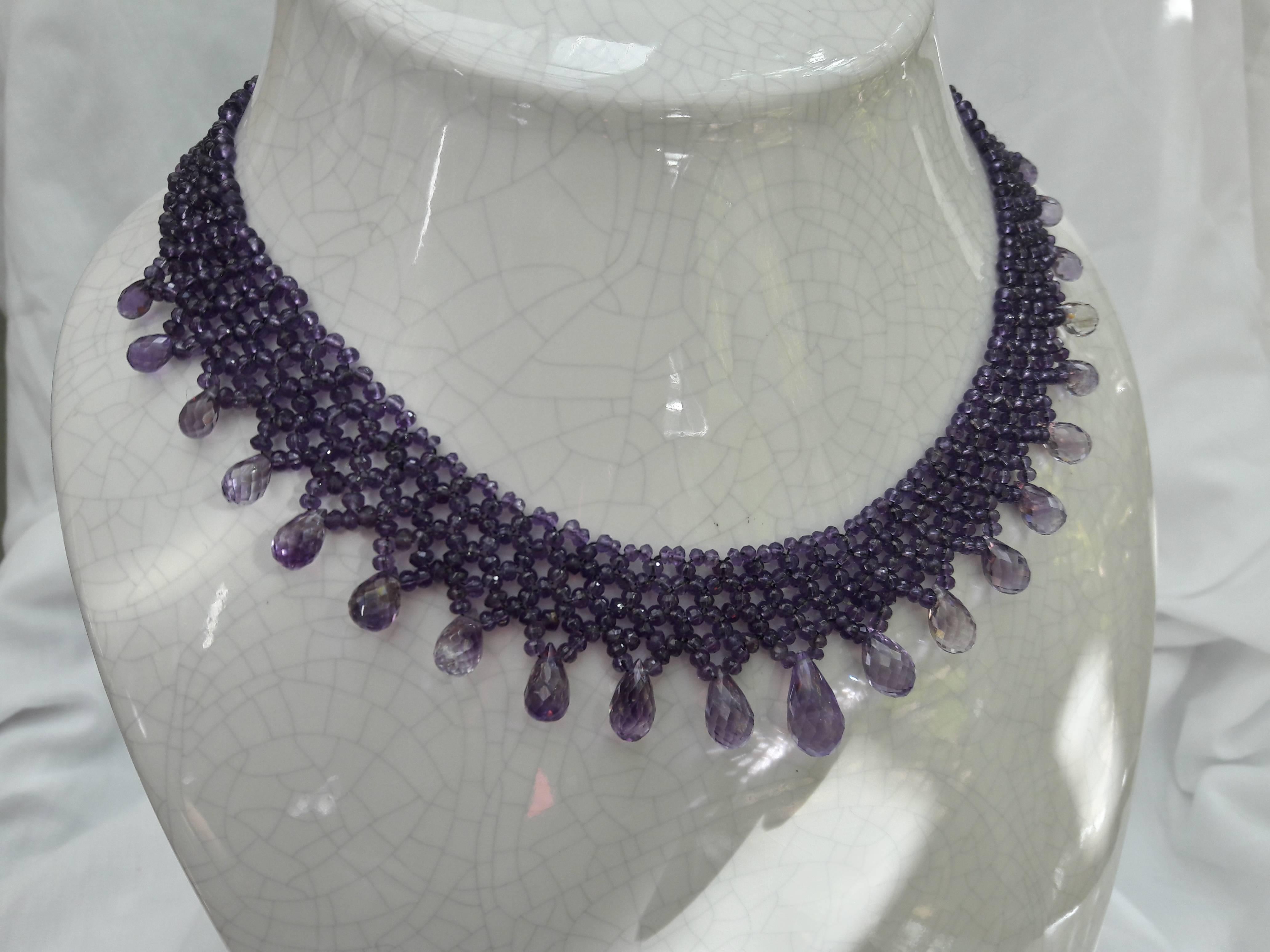Contemporary Woven faceted Amethyst bead Necklace with Teardrop Amethyst briolettes.