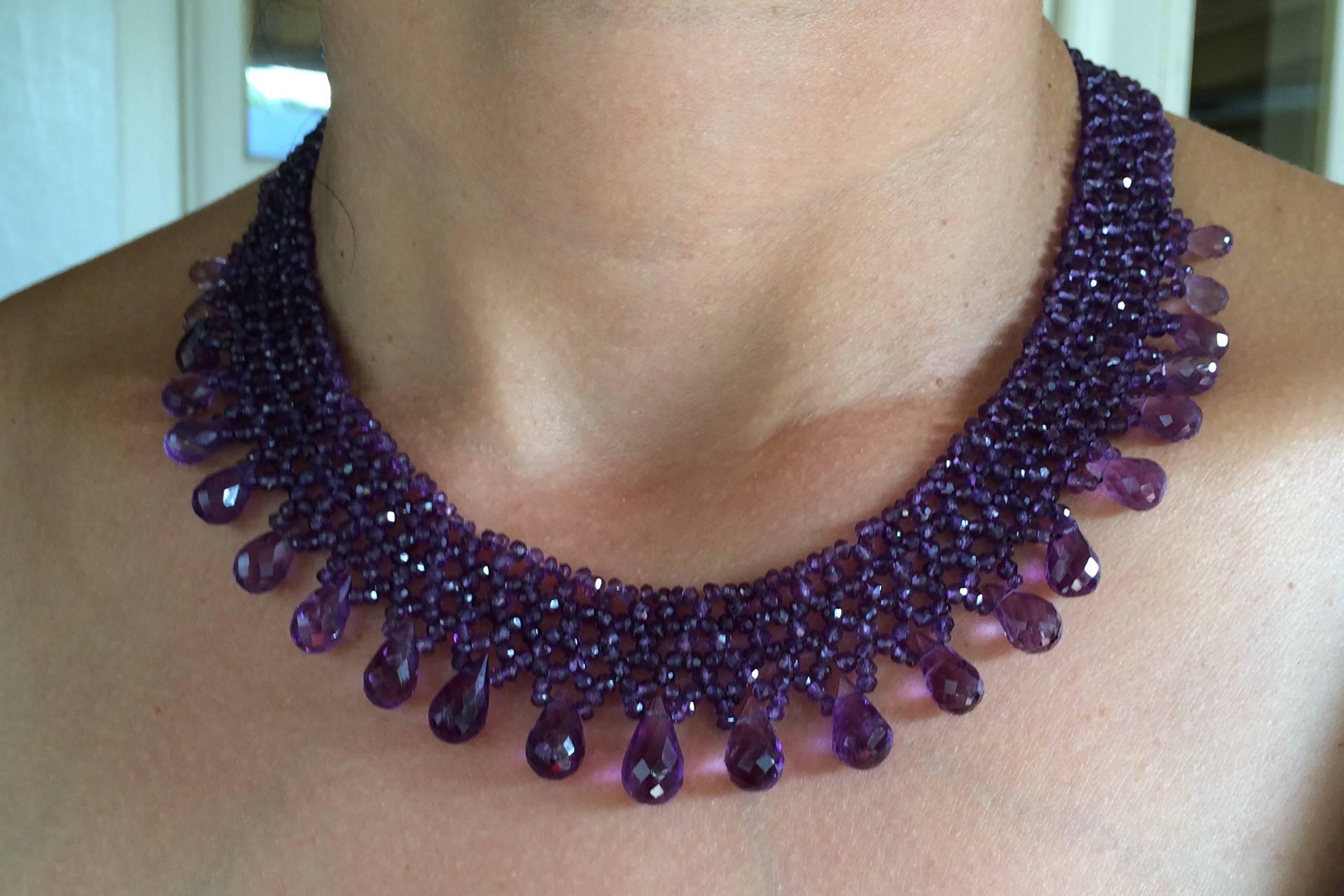 Woven faceted Amethyst bead Necklace with Teardrop Amethyst briolettes. 1