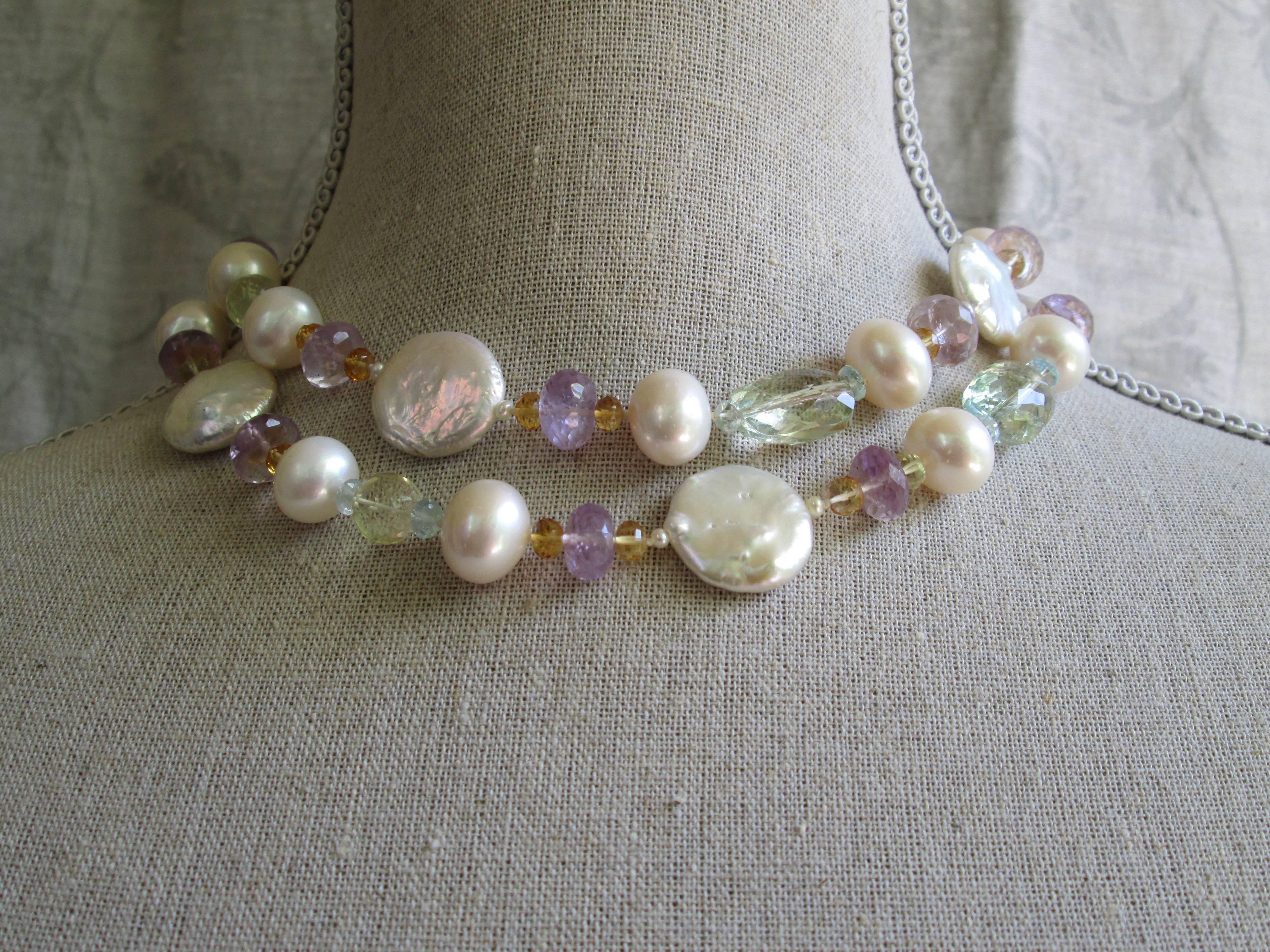 Women's Long Pearl Lariat Necklace with Multi-color Semi-Precious Gems Marina J. 2016