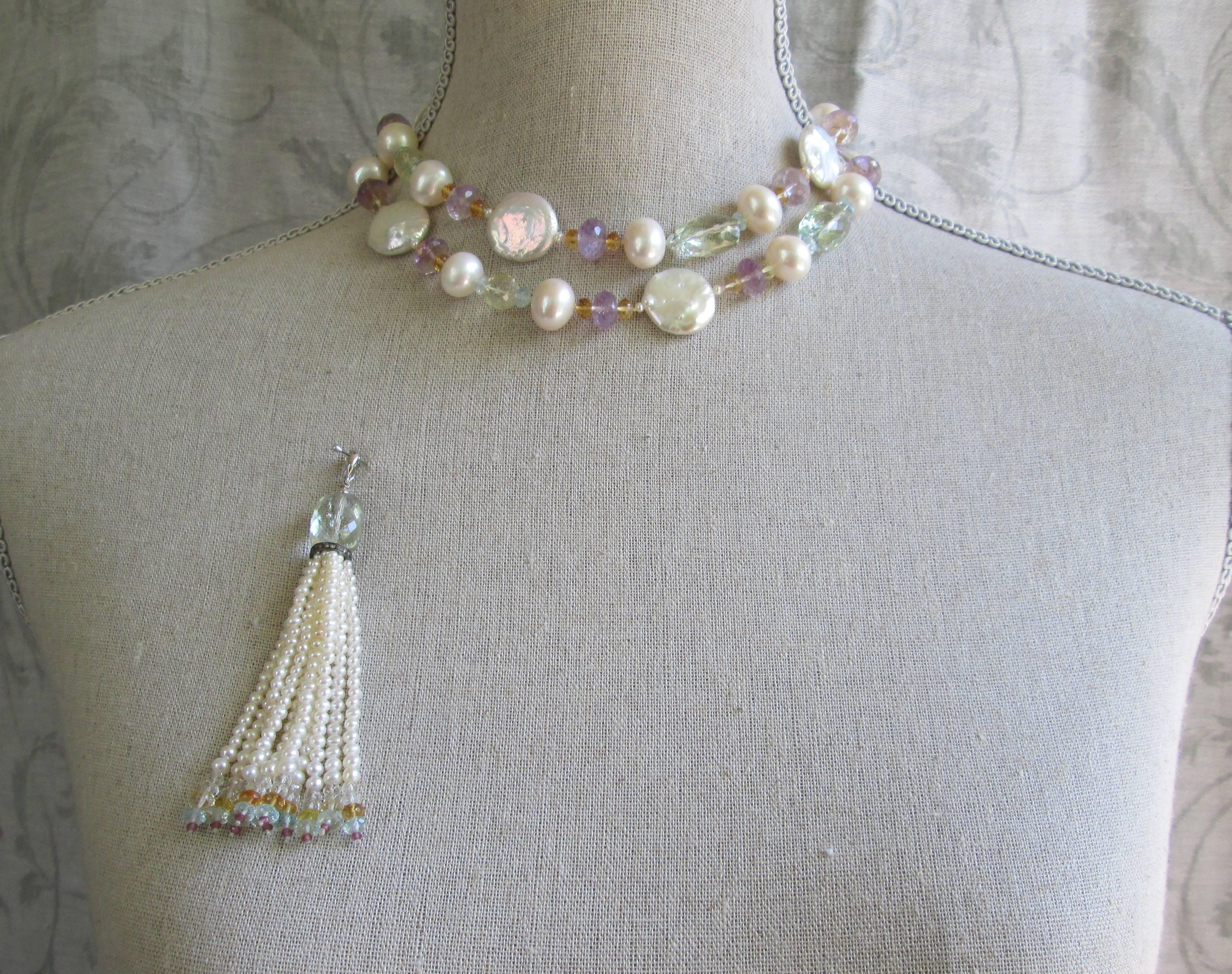 Long Pearl Lariat Necklace with Multi-color Semi-Precious Gems Marina J. 2016 1