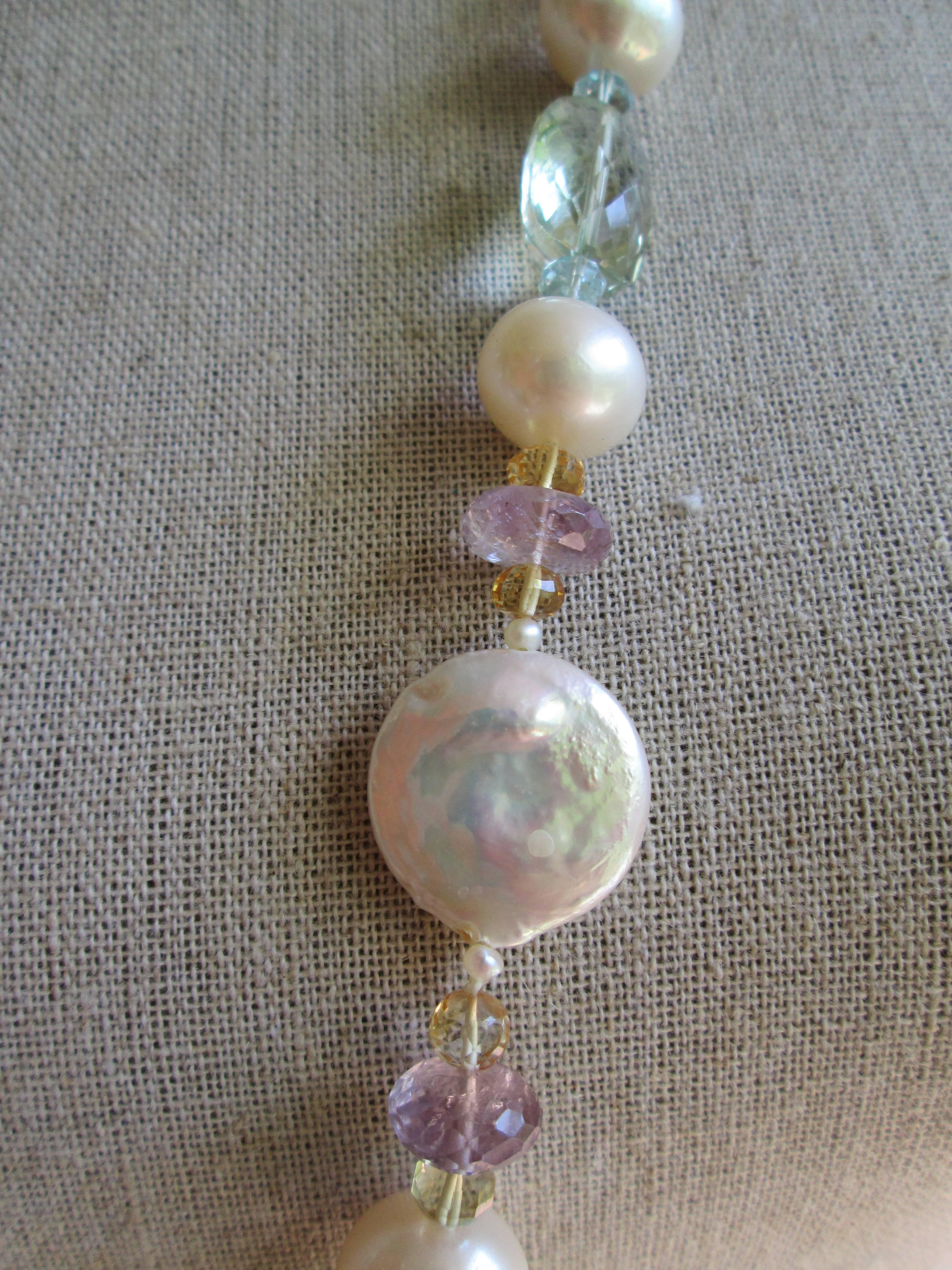 Long Pearl Lariat Necklace with Multi-color Semi-Precious Gems Marina J. 2016 2