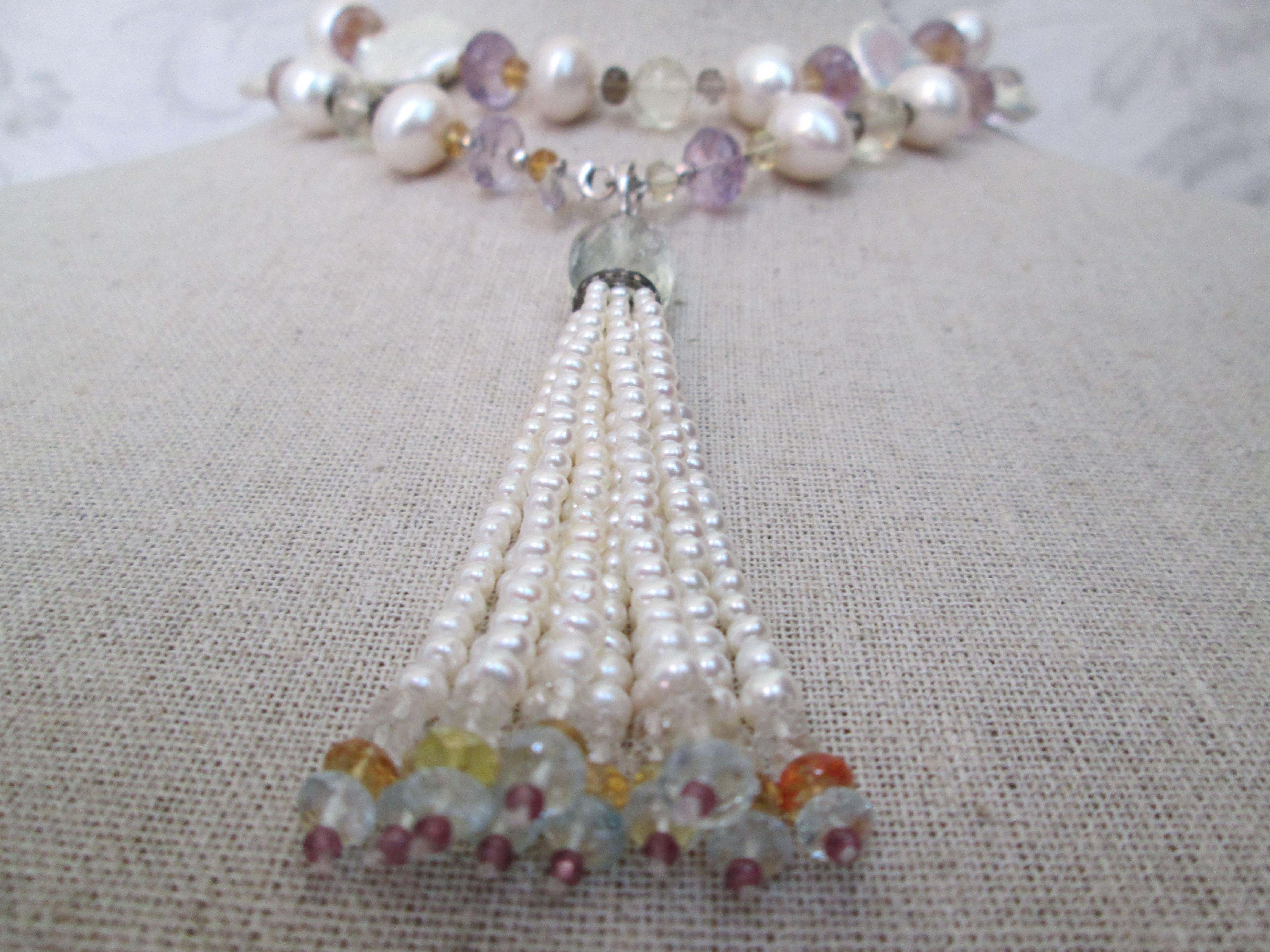Long Pearl Lariat Necklace with Multi-color Semi-Precious Gems Marina J. 2016 4