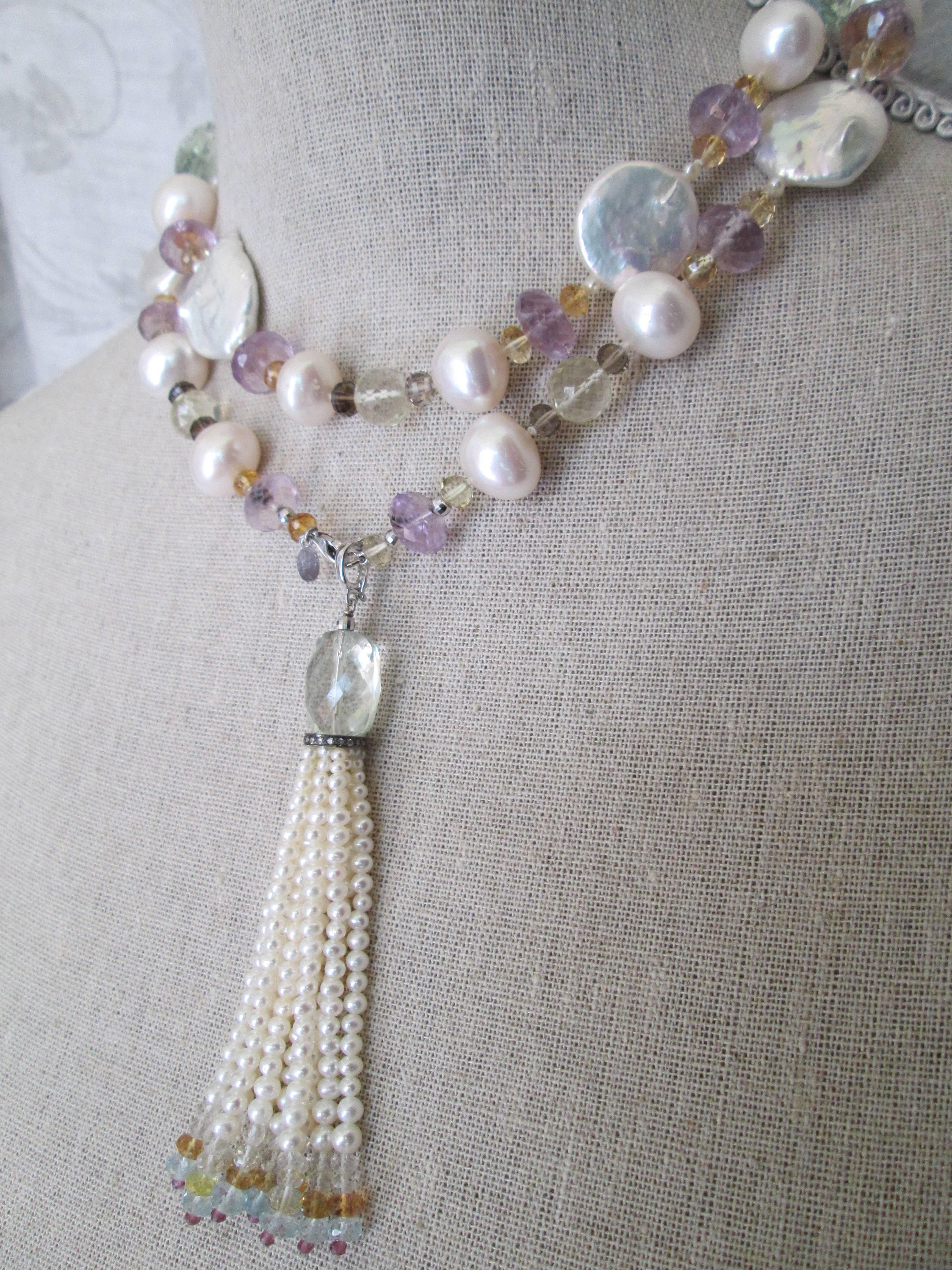 Long Pearl Lariat Necklace with Multi-color Semi-Precious Gems Marina J. 2016 5