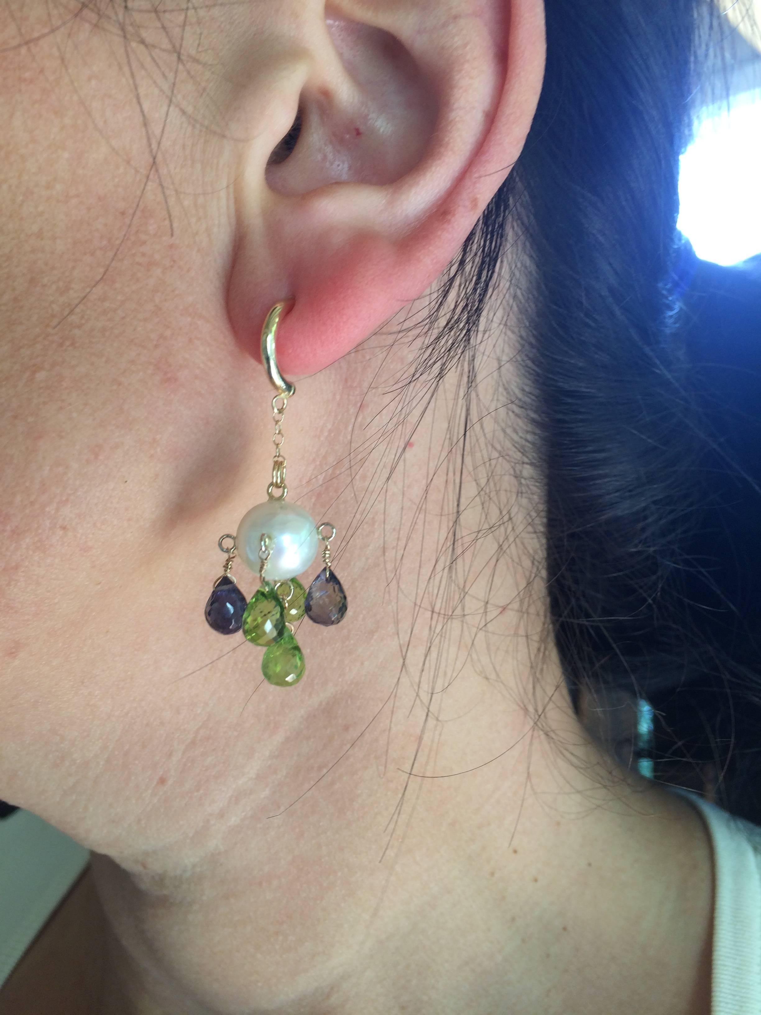 Bead Marina J Pearl with Peridot and Iolite Briolettes Earrings with 14K Yellow Gold
