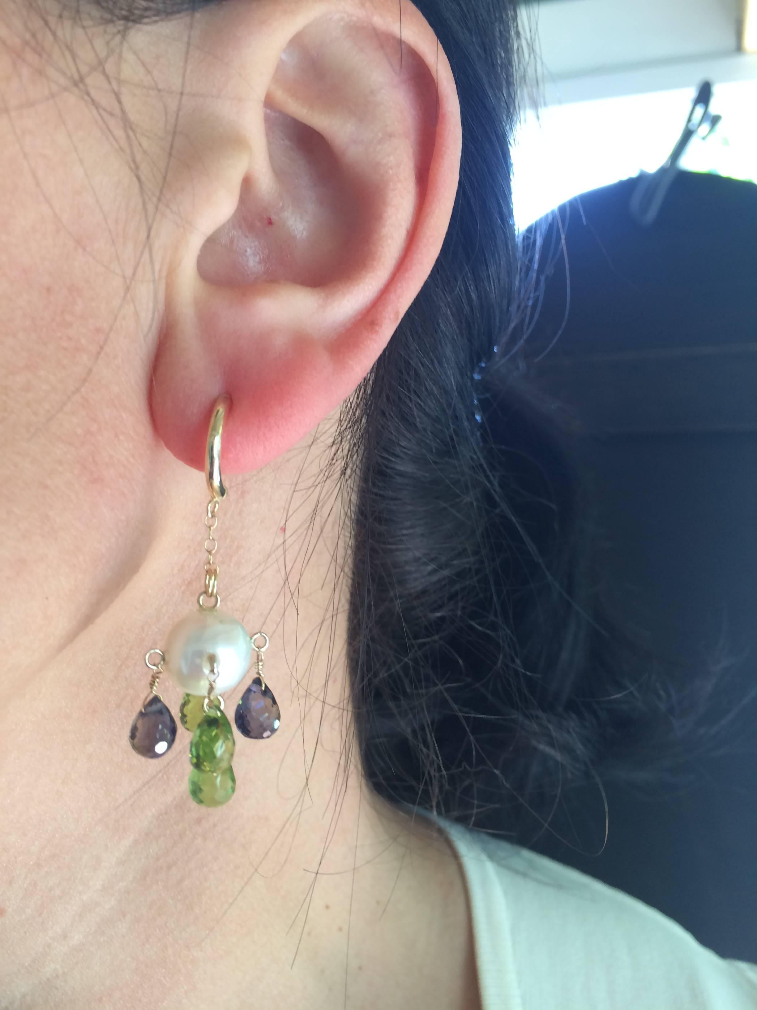 Marina J Pearl with Peridot and Iolite Briolettes Earrings with 14K Yellow Gold In New Condition In Los Angeles, CA