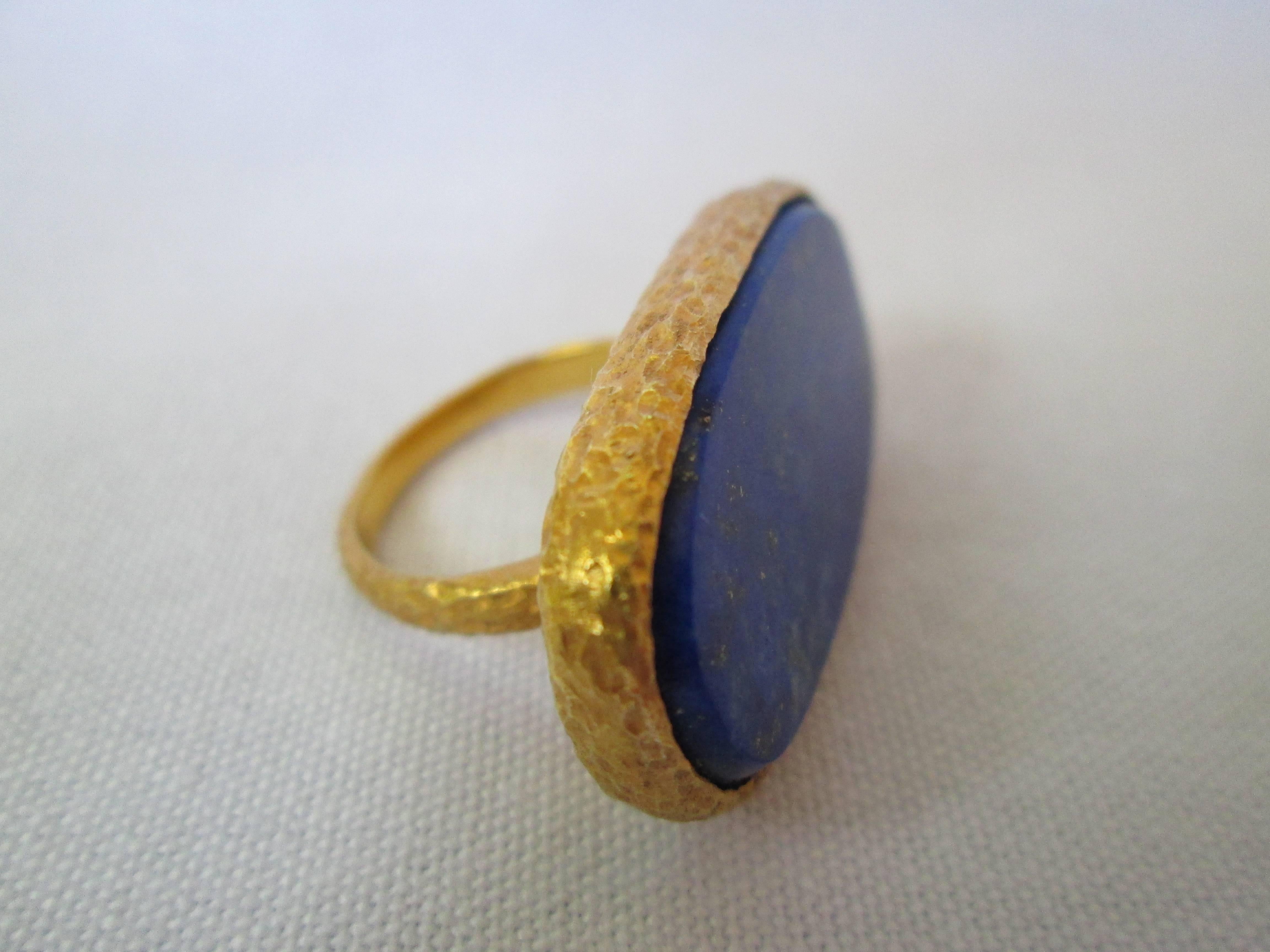 Greek Revival Large Oval Lapis Lazuli Stone In Hand Hammered Gold Ring By Marina J. 2016