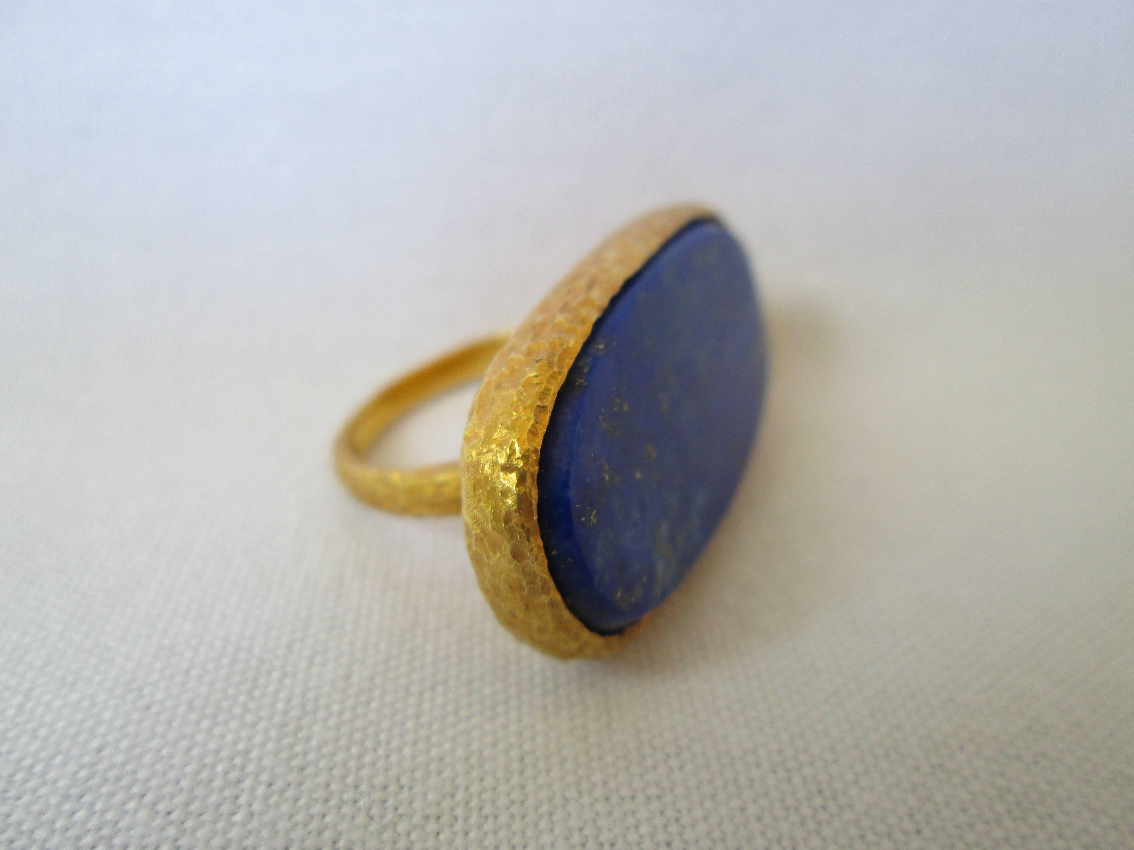 Large Oval Lapis Lazuli Stone In Hand Hammered Gold Ring By Marina J. 2016 1