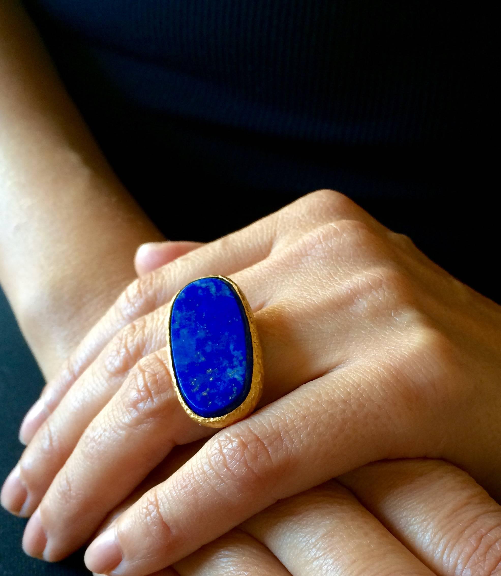 Large Oval Lapis Lazuli Stone In Hand Hammered Gold Ring By Marina J. 2016 2