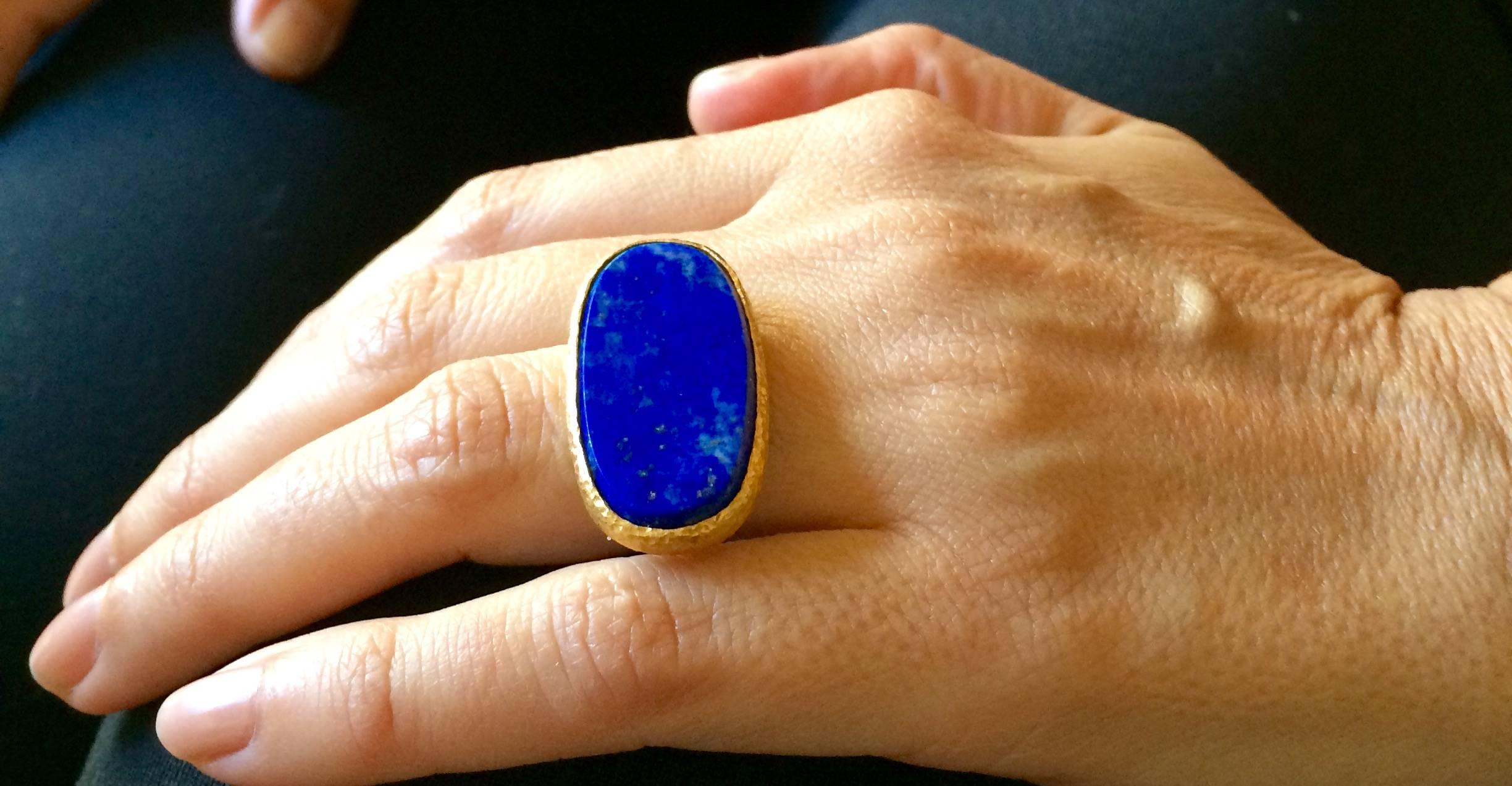 Large Oval Lapis Lazuli Stone In Hand Hammered Gold Ring By Marina J. 2016 3