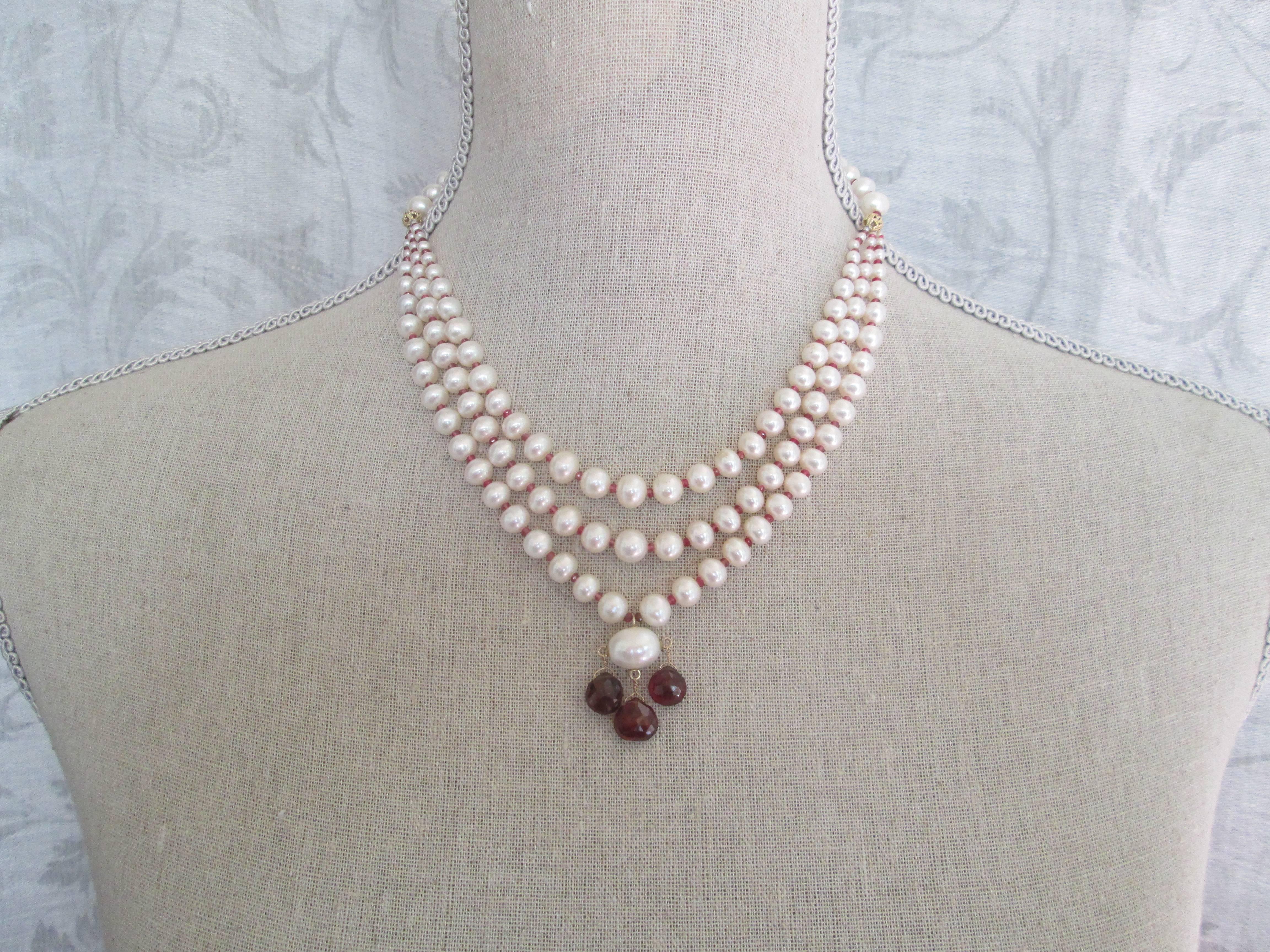 Artist Marina J. 3 Strands of Graduated Pearl Necklace with Garnet & 14k Yellow Gold
