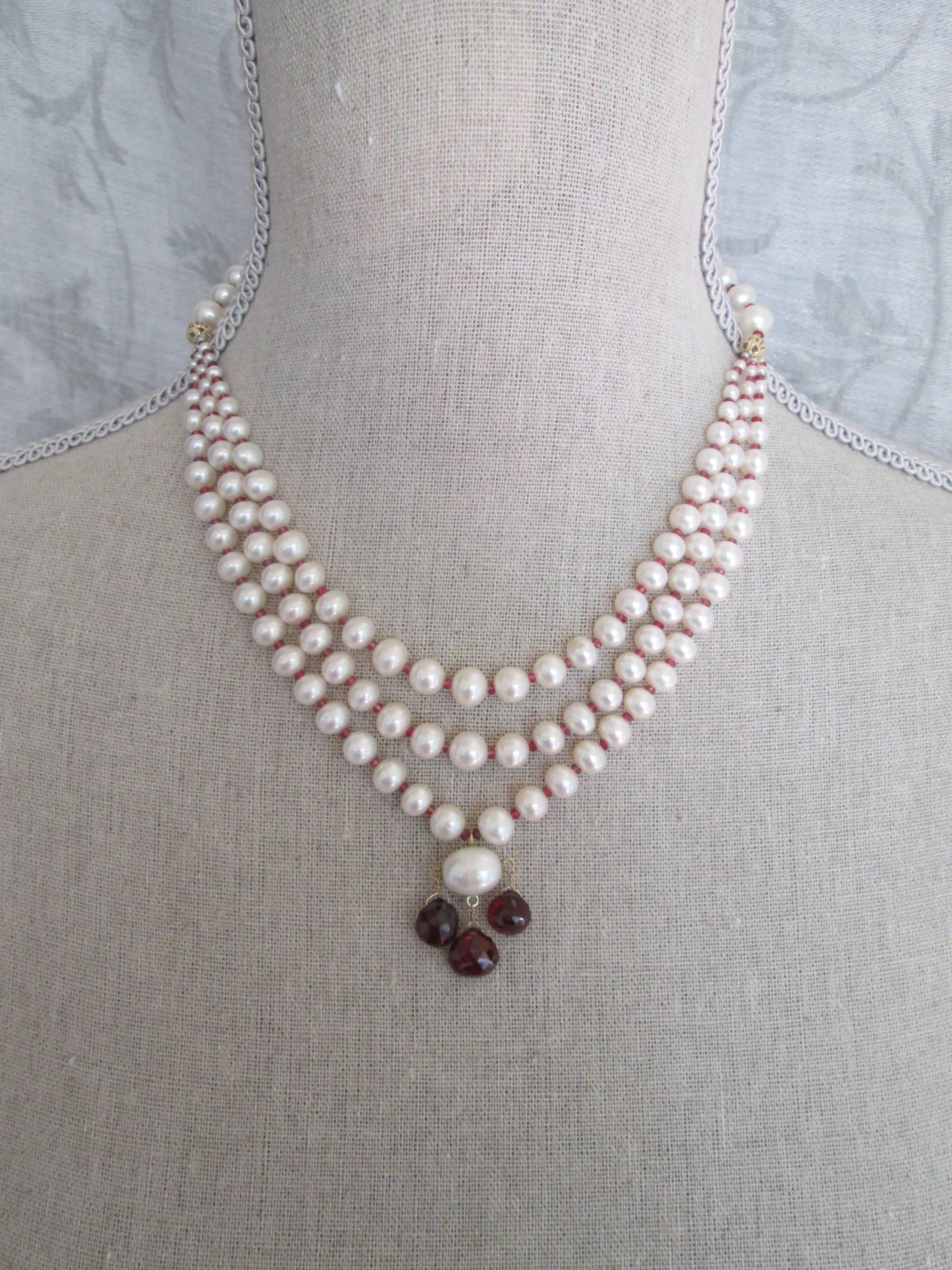 Bead Marina J. 3 Strands of Graduated Pearl Necklace with Garnet & 14k Yellow Gold