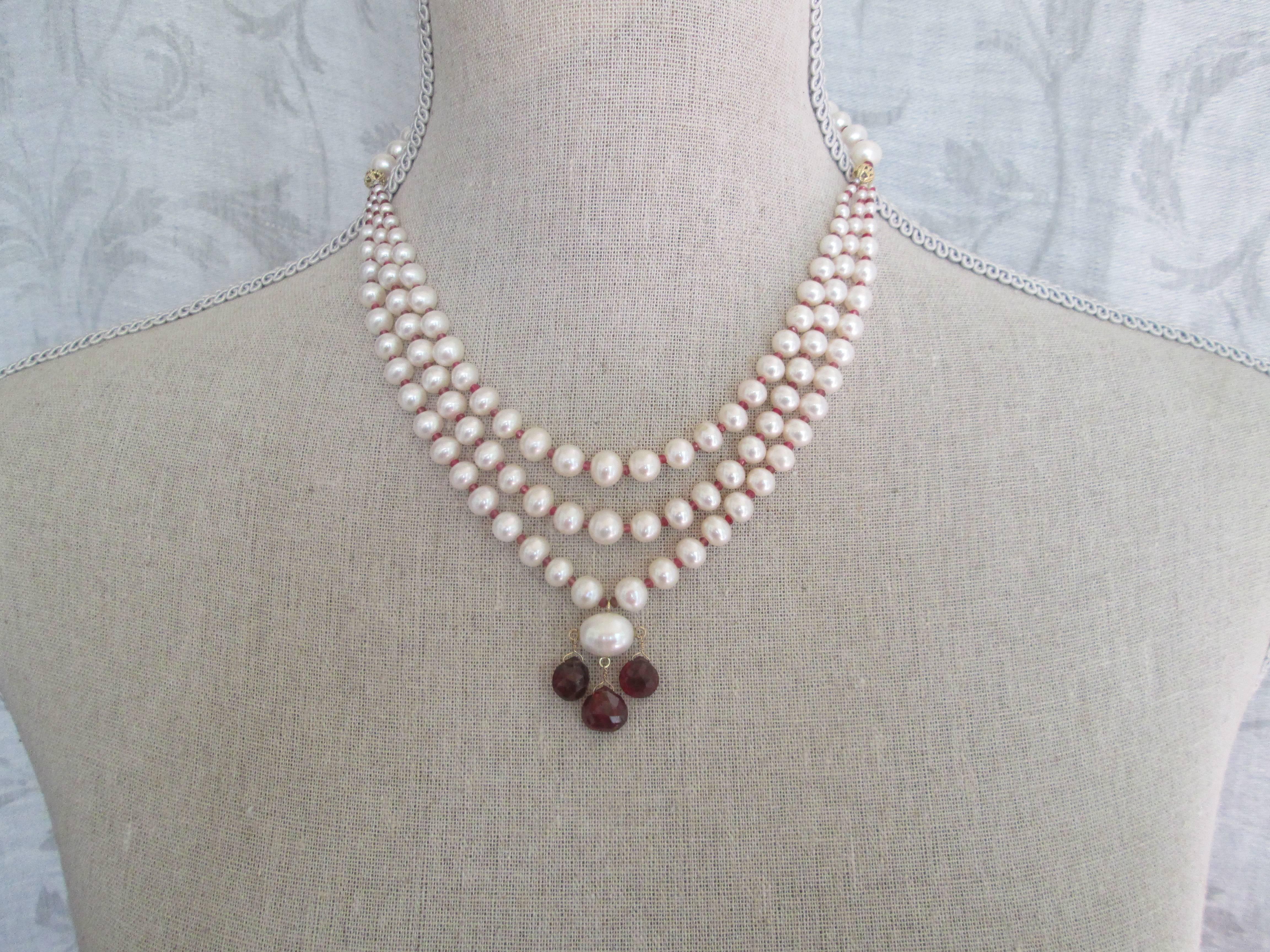 Women's Marina J. 3 Strands of Graduated Pearl Necklace with Garnet & 14k Yellow Gold