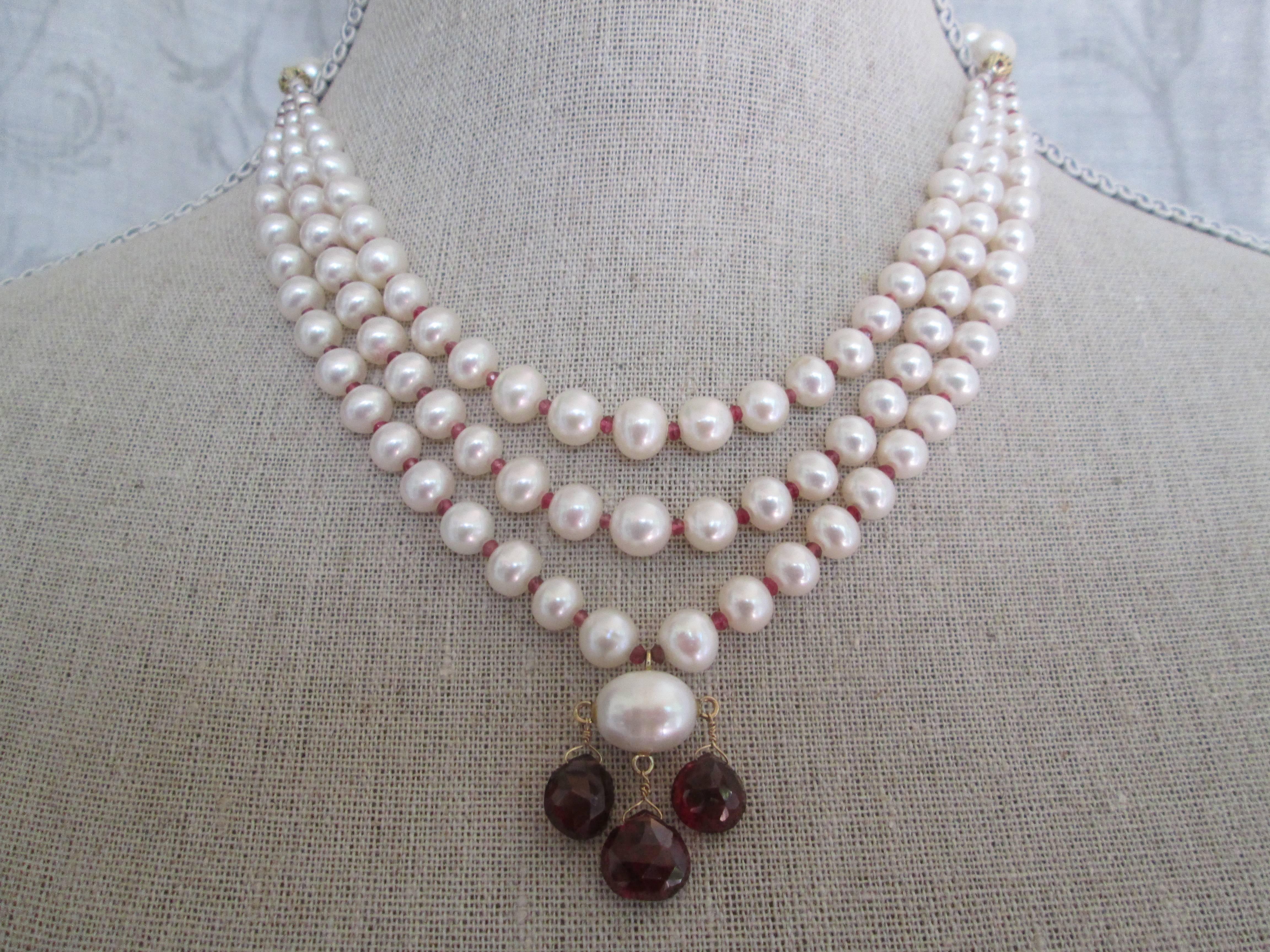 Marina J. 3 Strands of Graduated Pearl Necklace with Garnet & 14k Yellow Gold 1