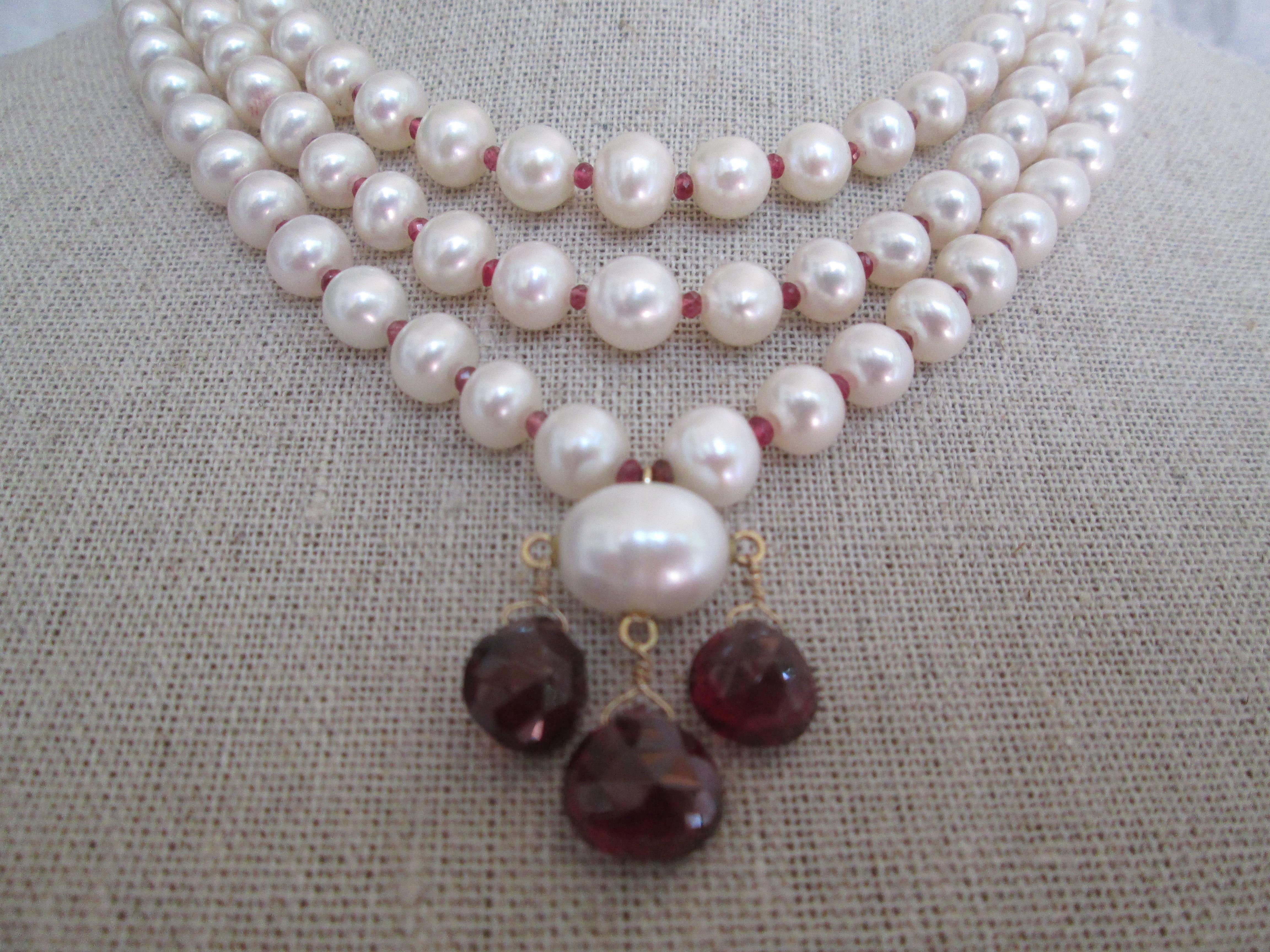 Marina J. 3 Strands of Graduated Pearl Necklace with Garnet & 14k Yellow Gold 2