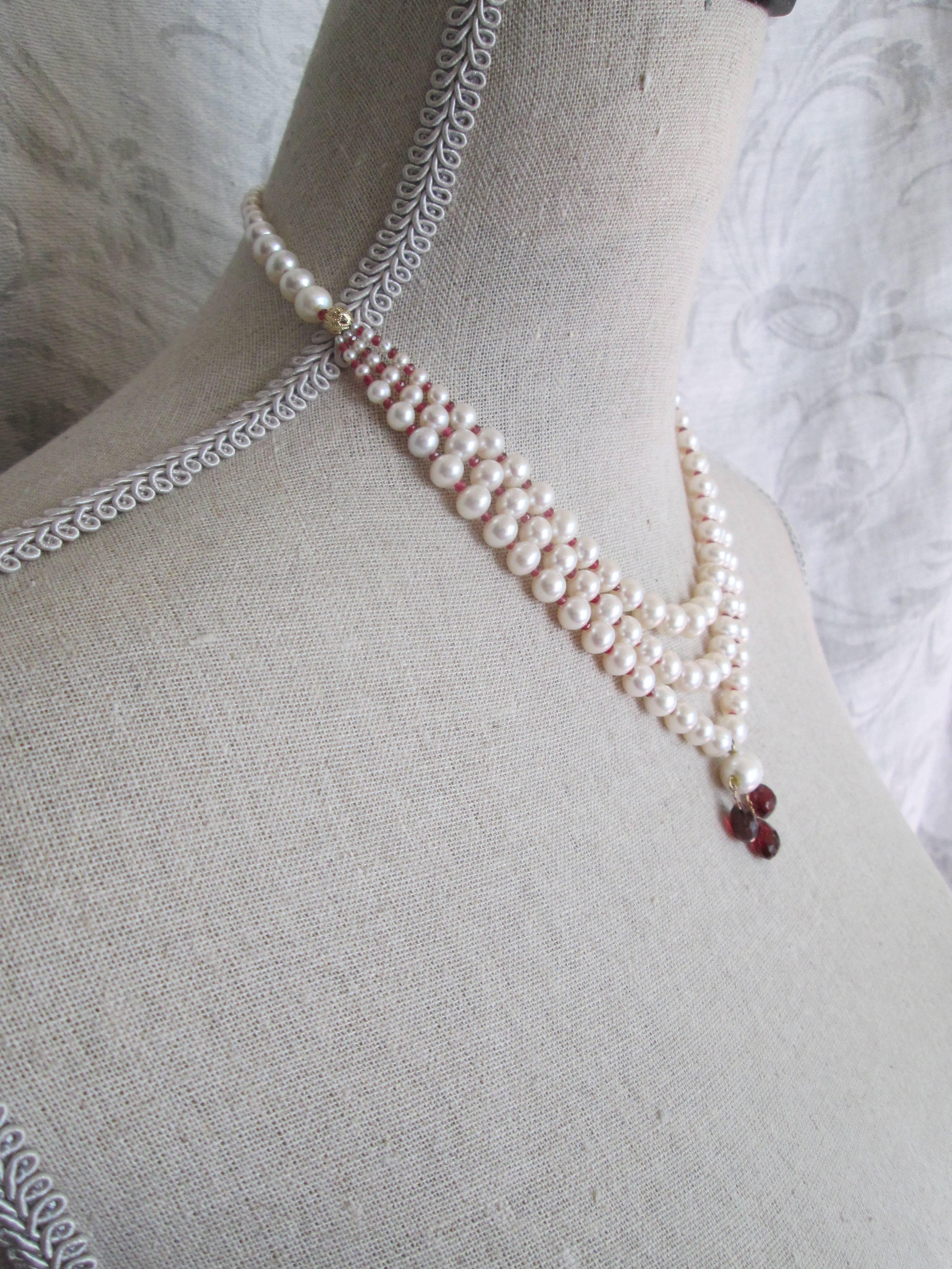 Marina J. 3 Strands of Graduated Pearl Necklace with Garnet & 14k Yellow Gold 3