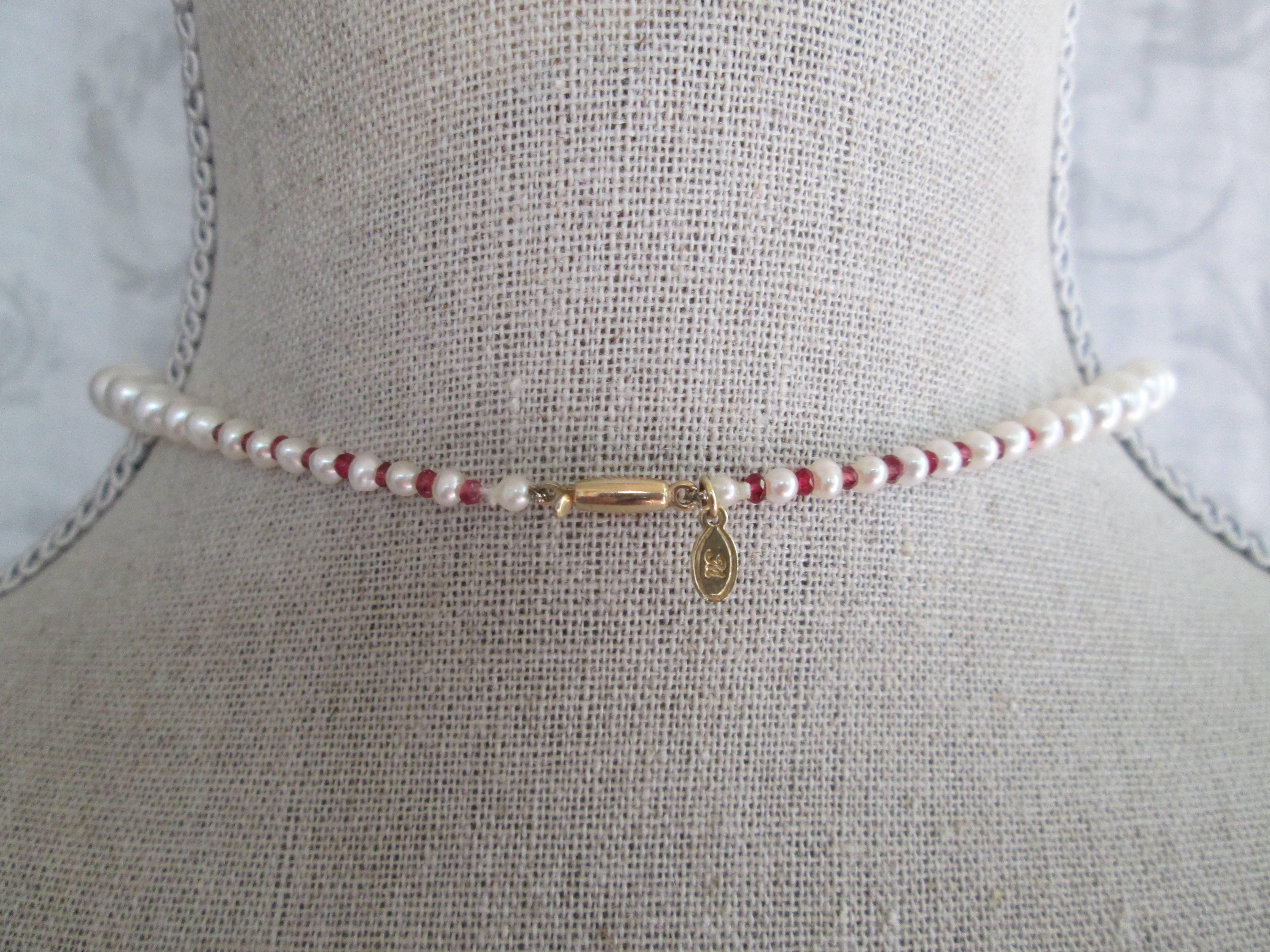 Marina J. 3 Strands of Graduated Pearl Necklace with Garnet & 14k Yellow Gold 4