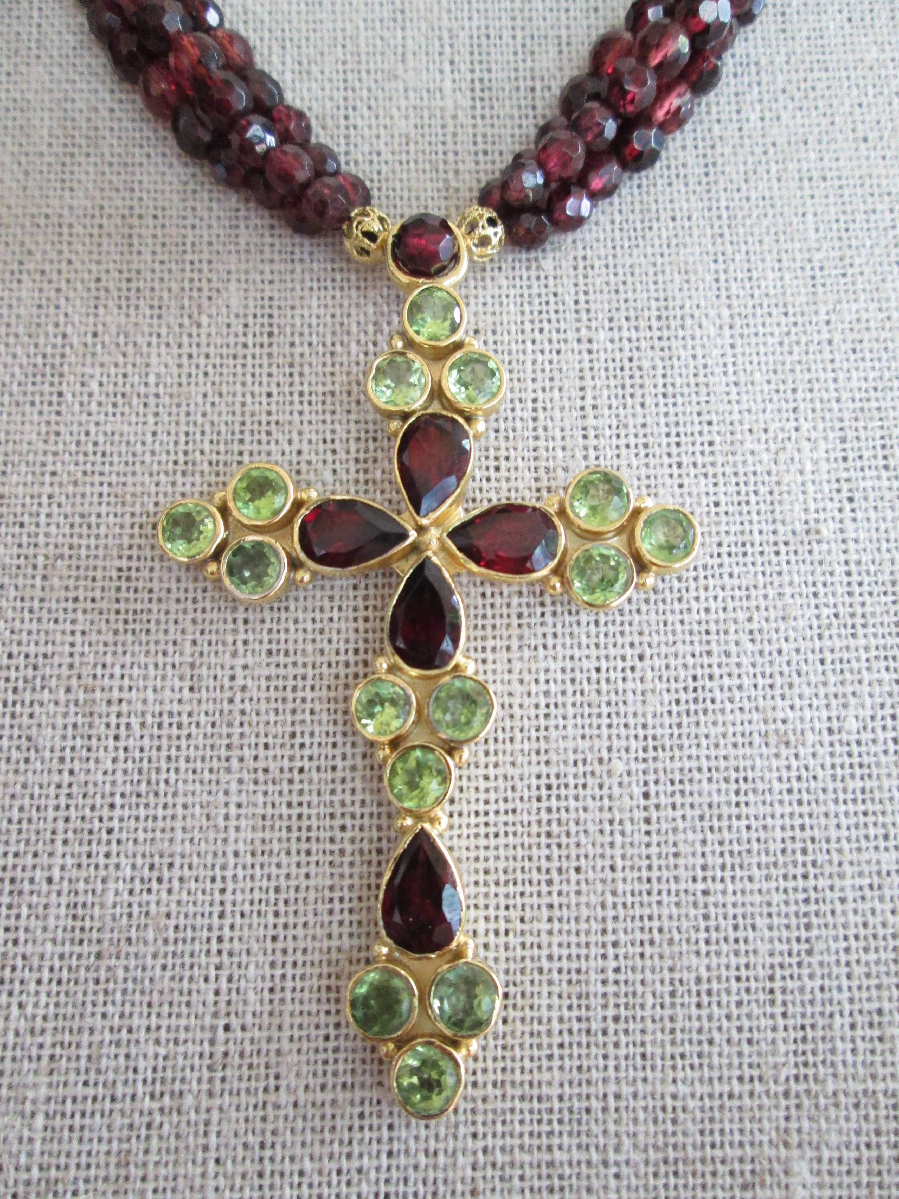 Romantic Faceted Garnet Bead Necklace with Peridot and Garnet Gold-Plated Silver Cross