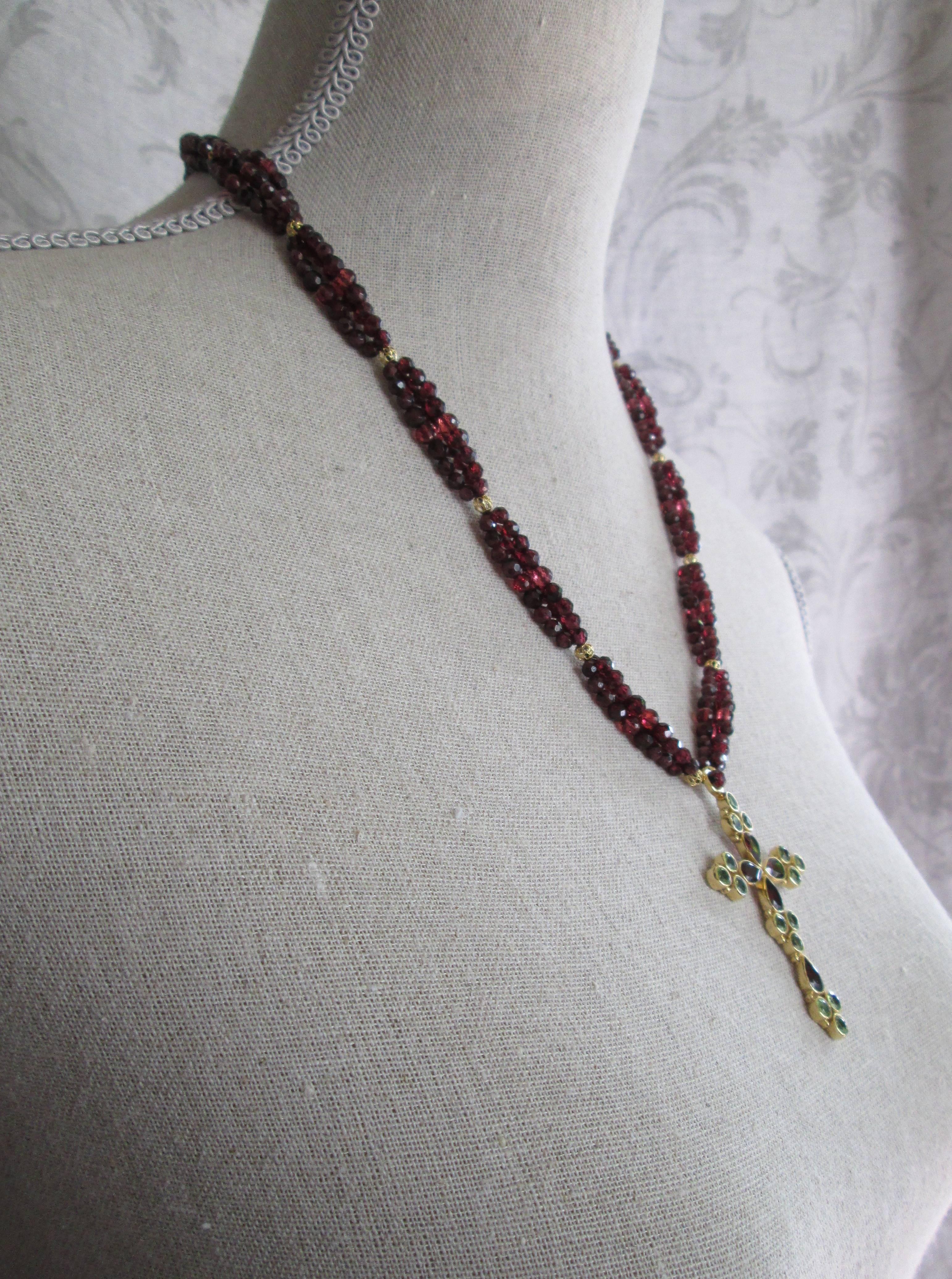 Women's Faceted Garnet Bead Necklace with Peridot and Garnet Gold-Plated Silver Cross