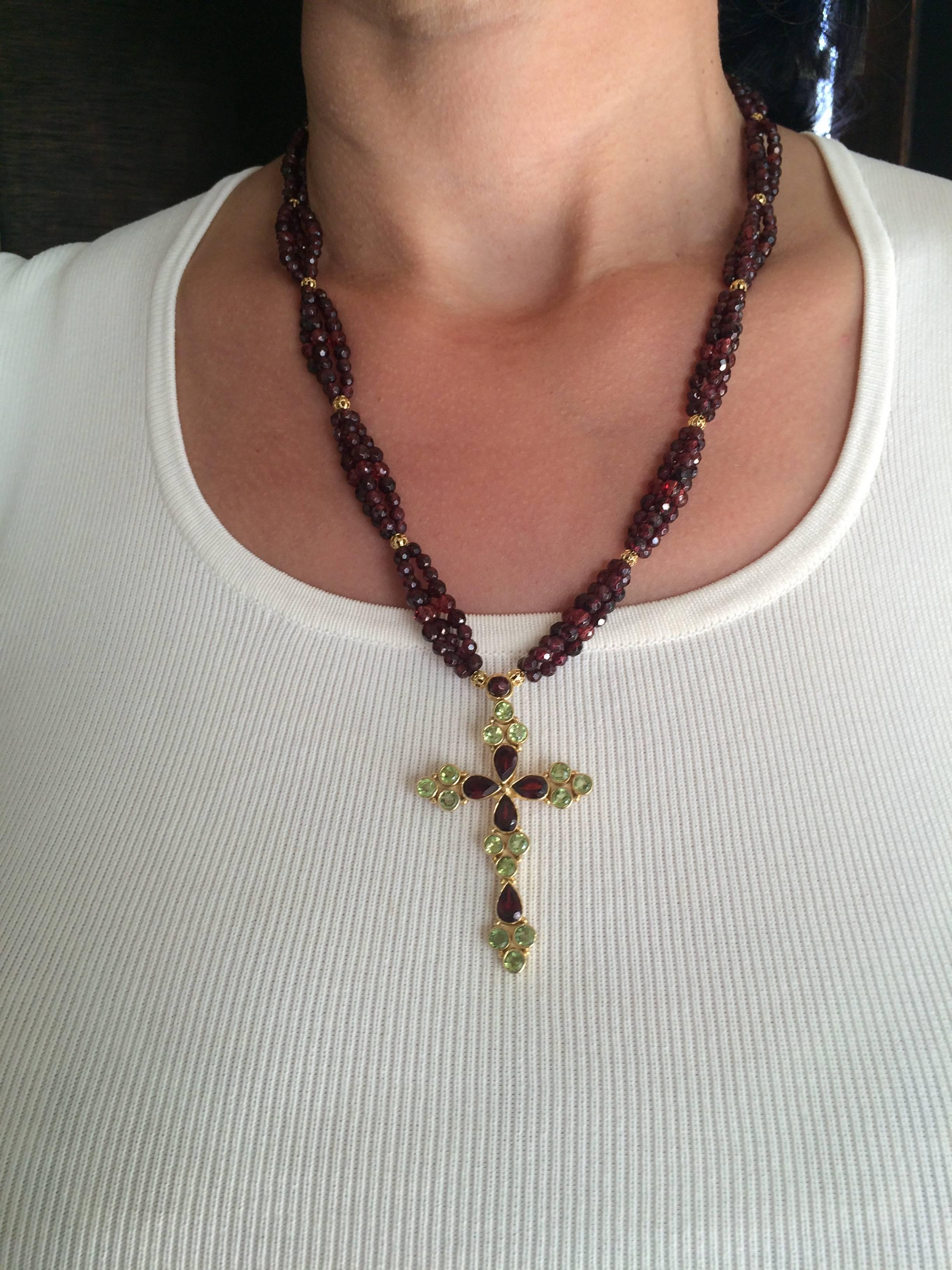 Faceted Garnet Bead Necklace with Peridot and Garnet Gold-Plated Silver Cross 4