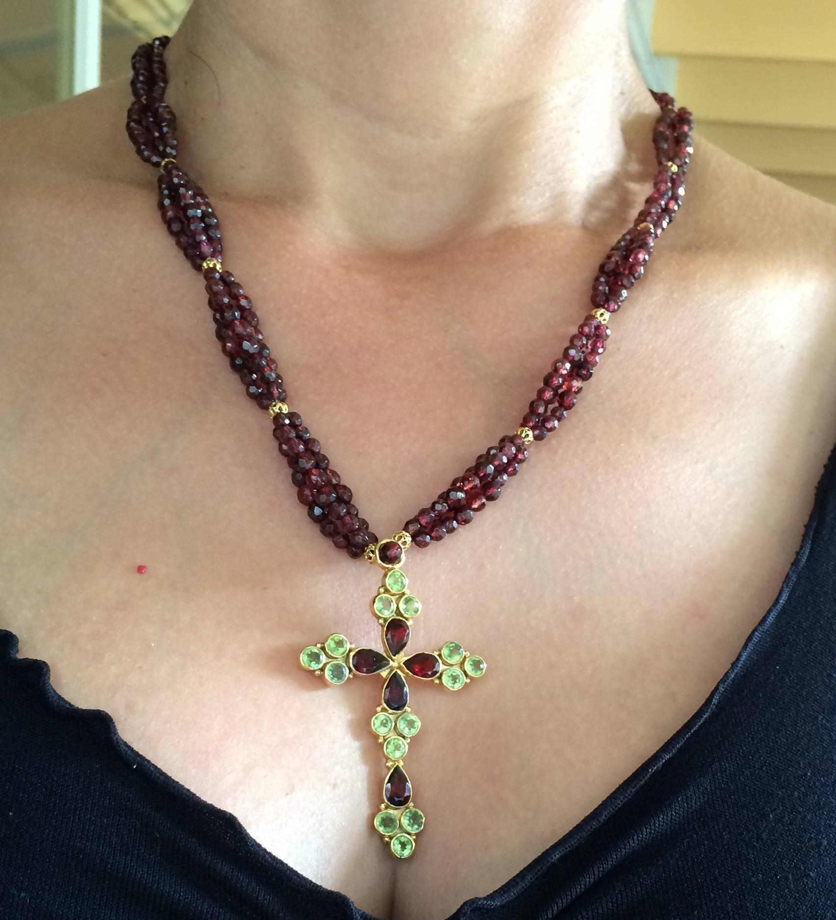 Faceted Garnet Bead Necklace with Peridot and Garnet Gold-Plated Silver Cross 5