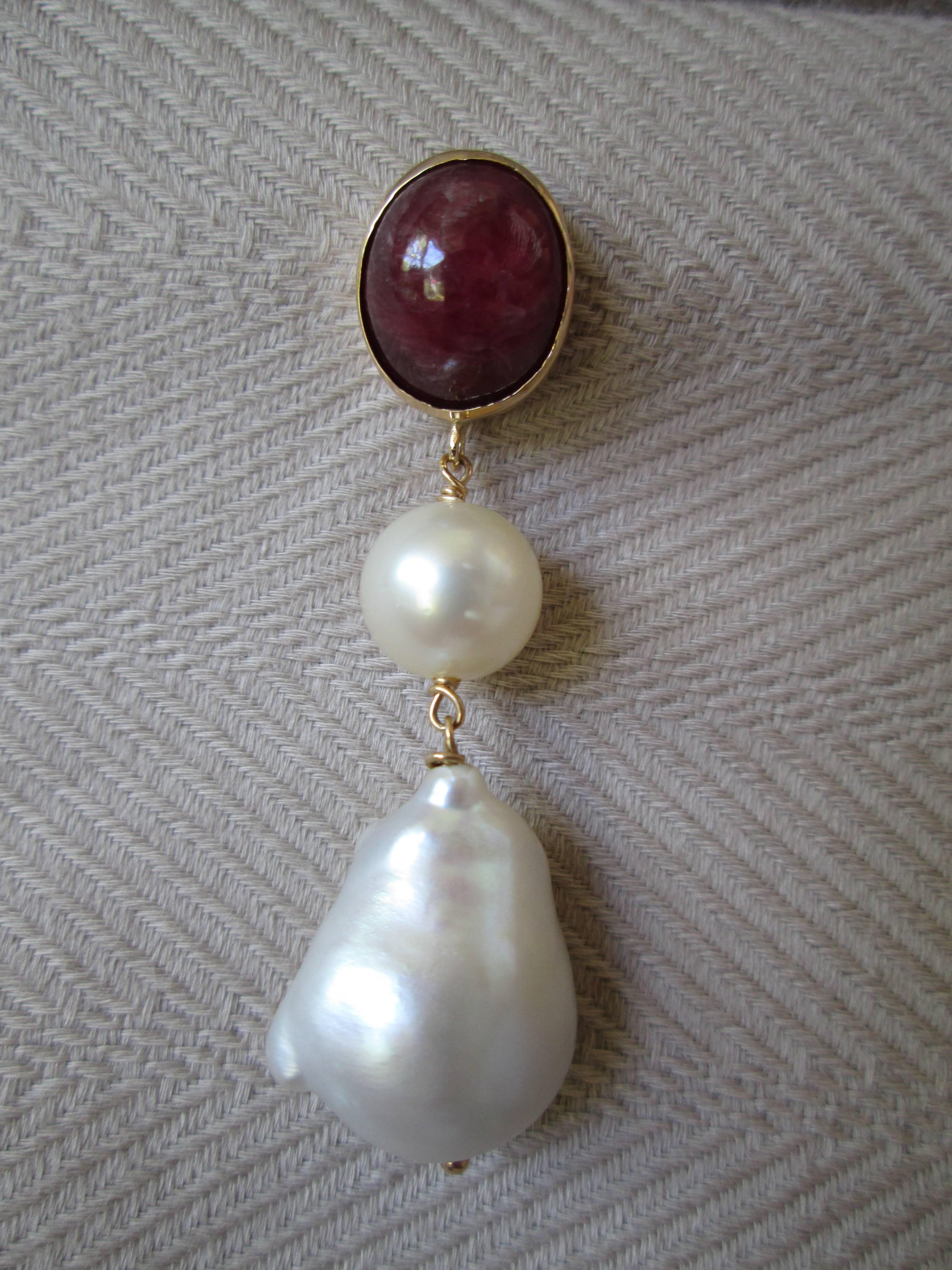 Artist Ruby cabochon and Pearl dangle earrings