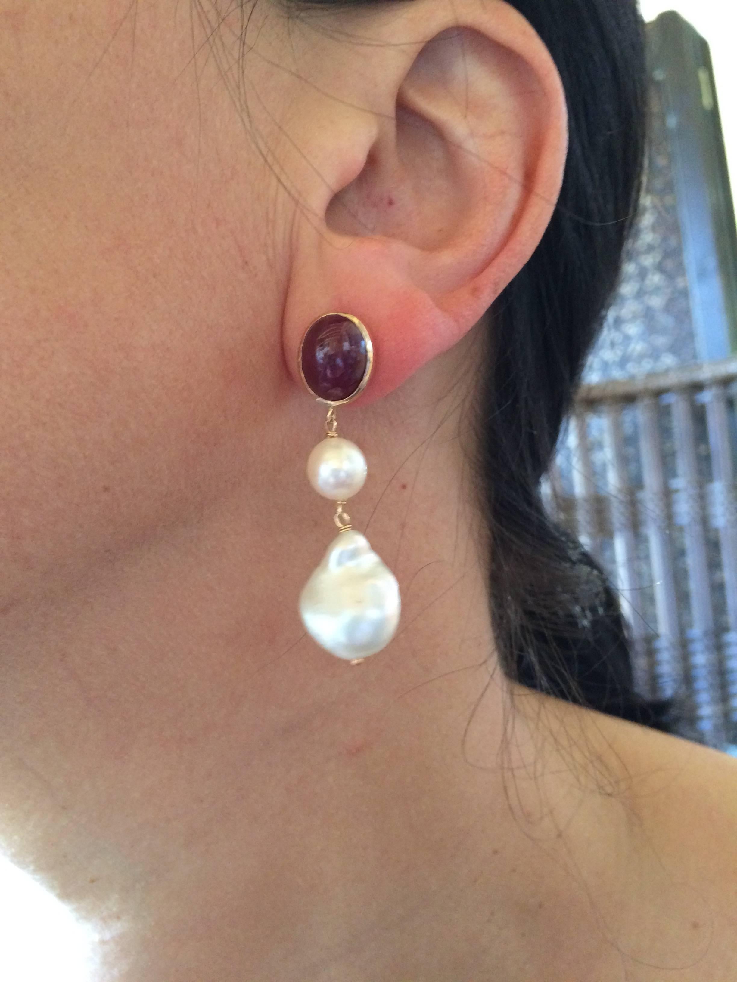 Women's Ruby cabochon and Pearl dangle earrings