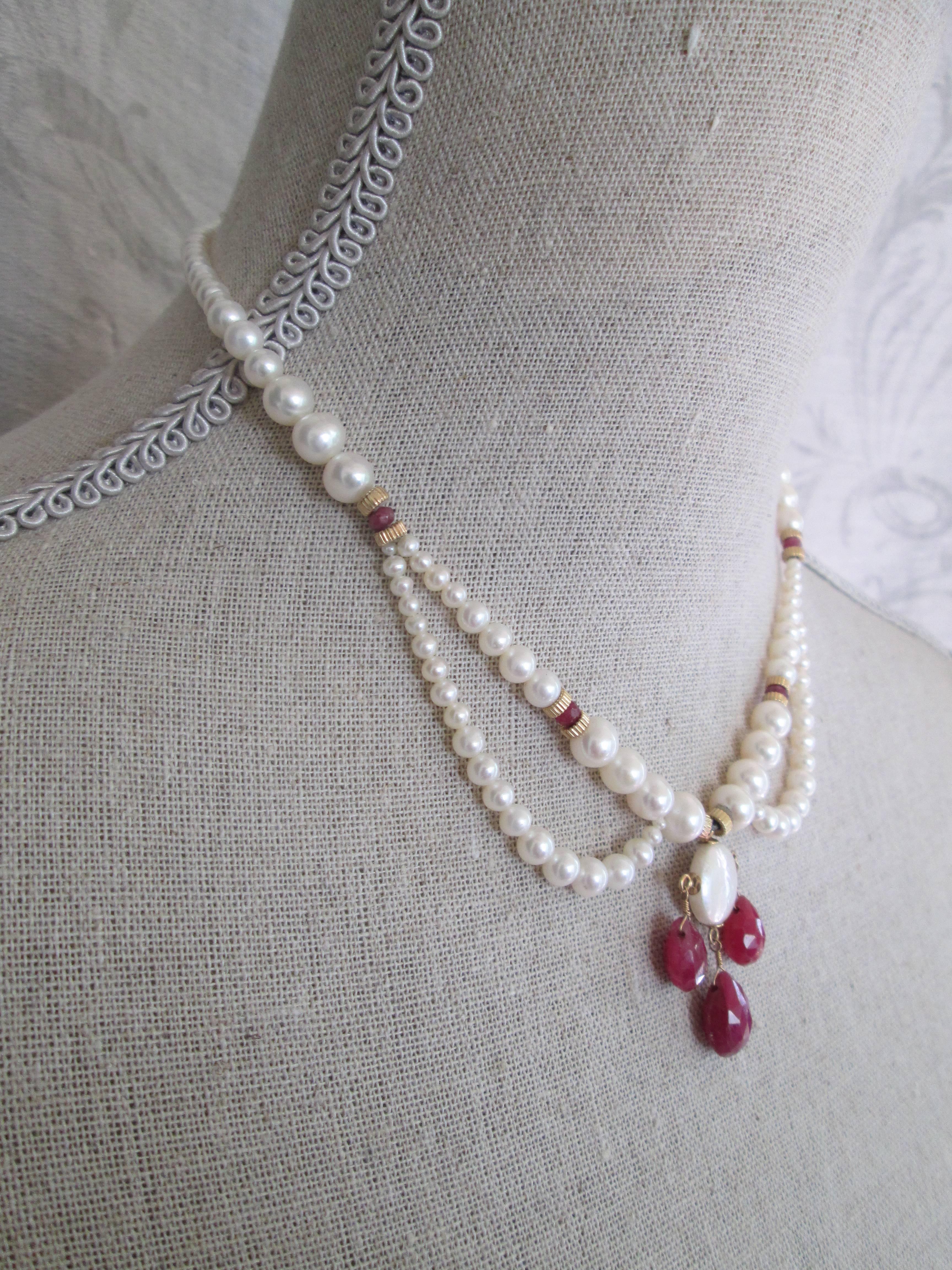 Late Victorian Graduated Pearl Draped Necklace with Ruby Briolettes , 14k gold clasp and beads
