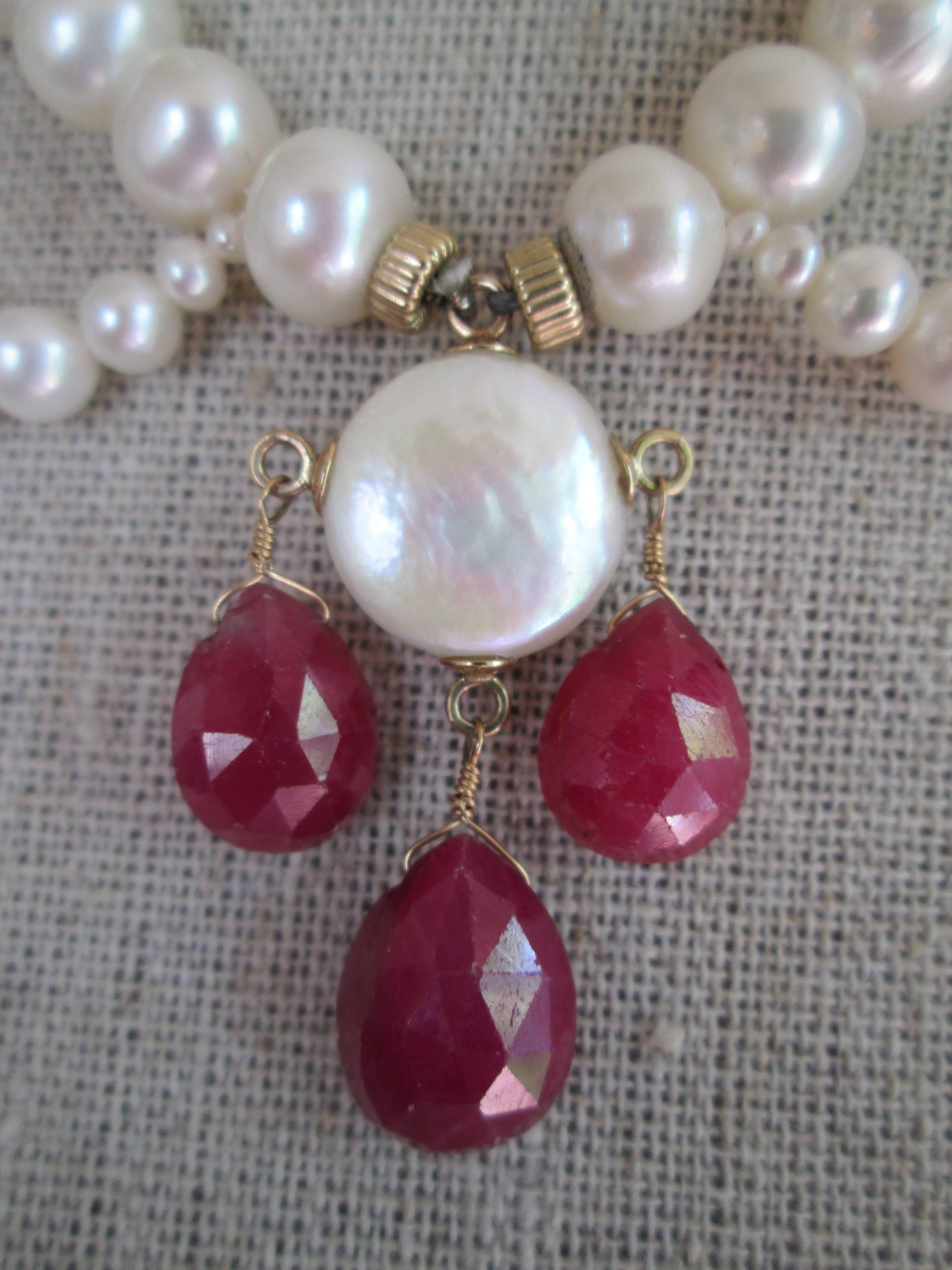 Graduated Pearl Draped Necklace with Ruby Briolettes , 14k gold clasp and beads In New Condition In Los Angeles, CA