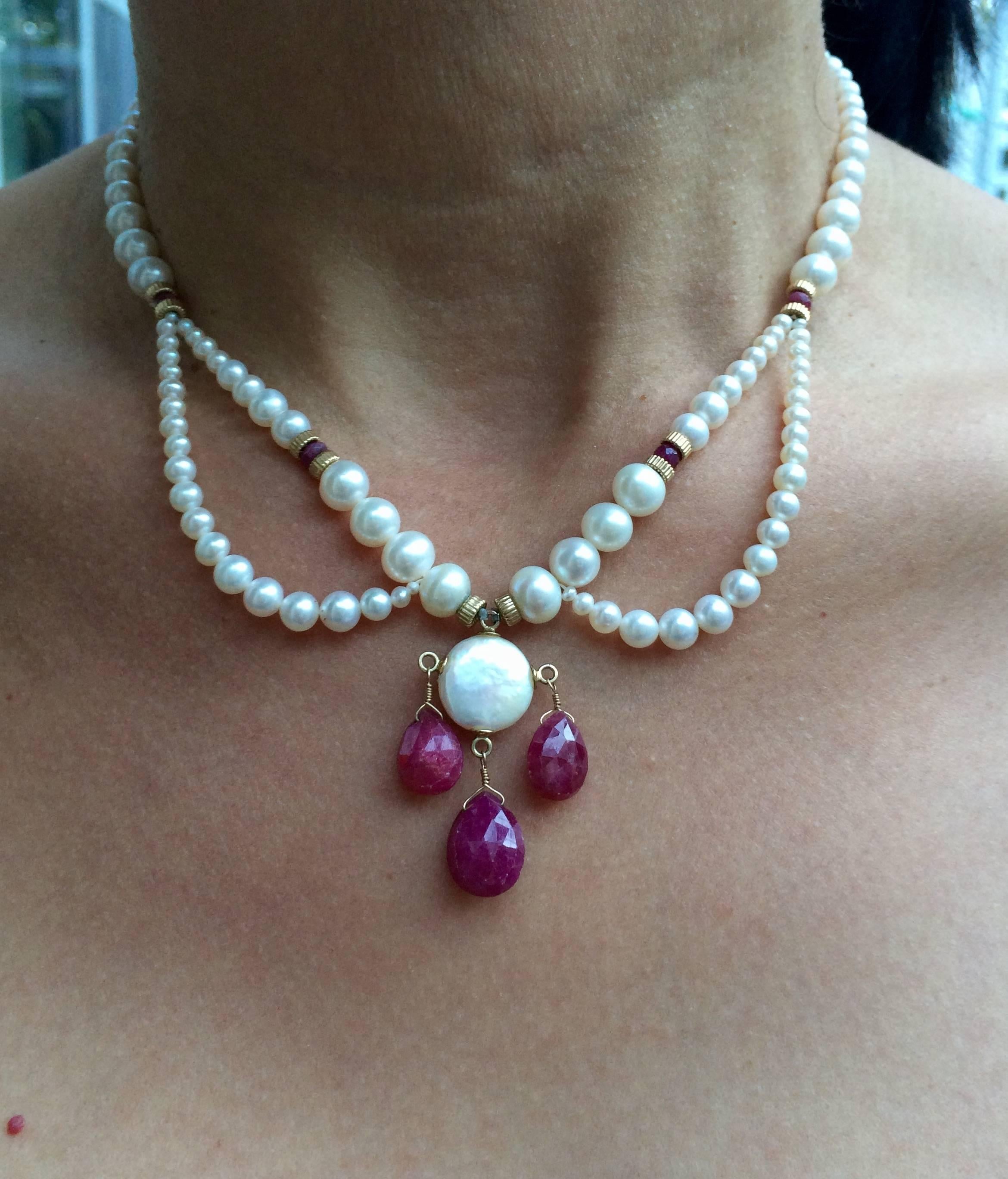 Graduated Pearl Draped Necklace with Ruby Briolettes , 14k gold clasp and beads 1