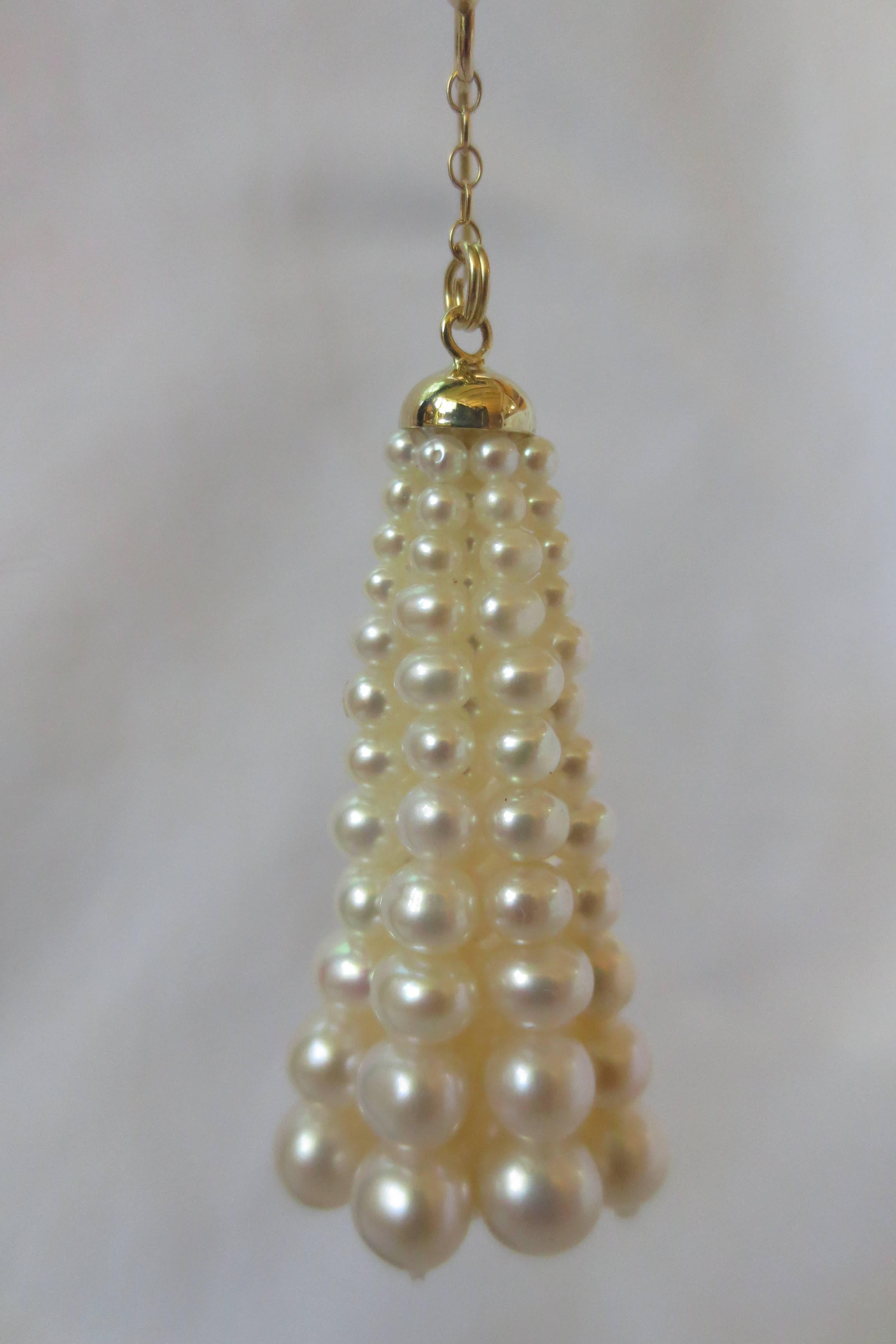 Multi-Strand Graduated Pearl Tassel Dangle Earring with Yellow Gold Cup 1