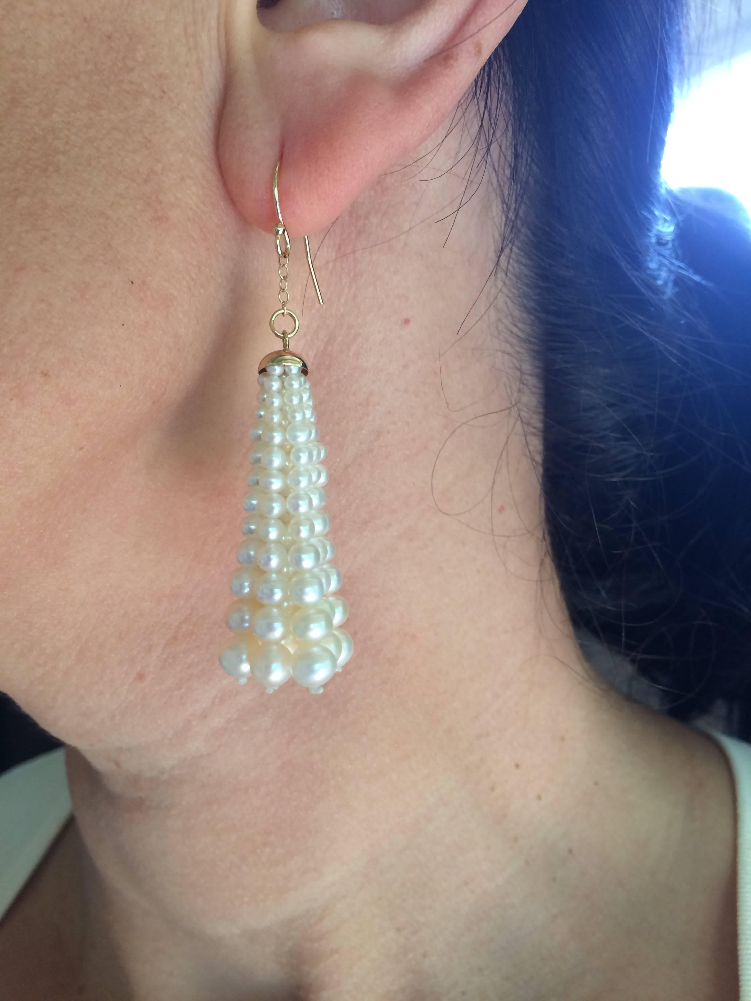 Multi-Strand Graduated Pearl Tassel Dangle Earring with Yellow Gold Cup 2
